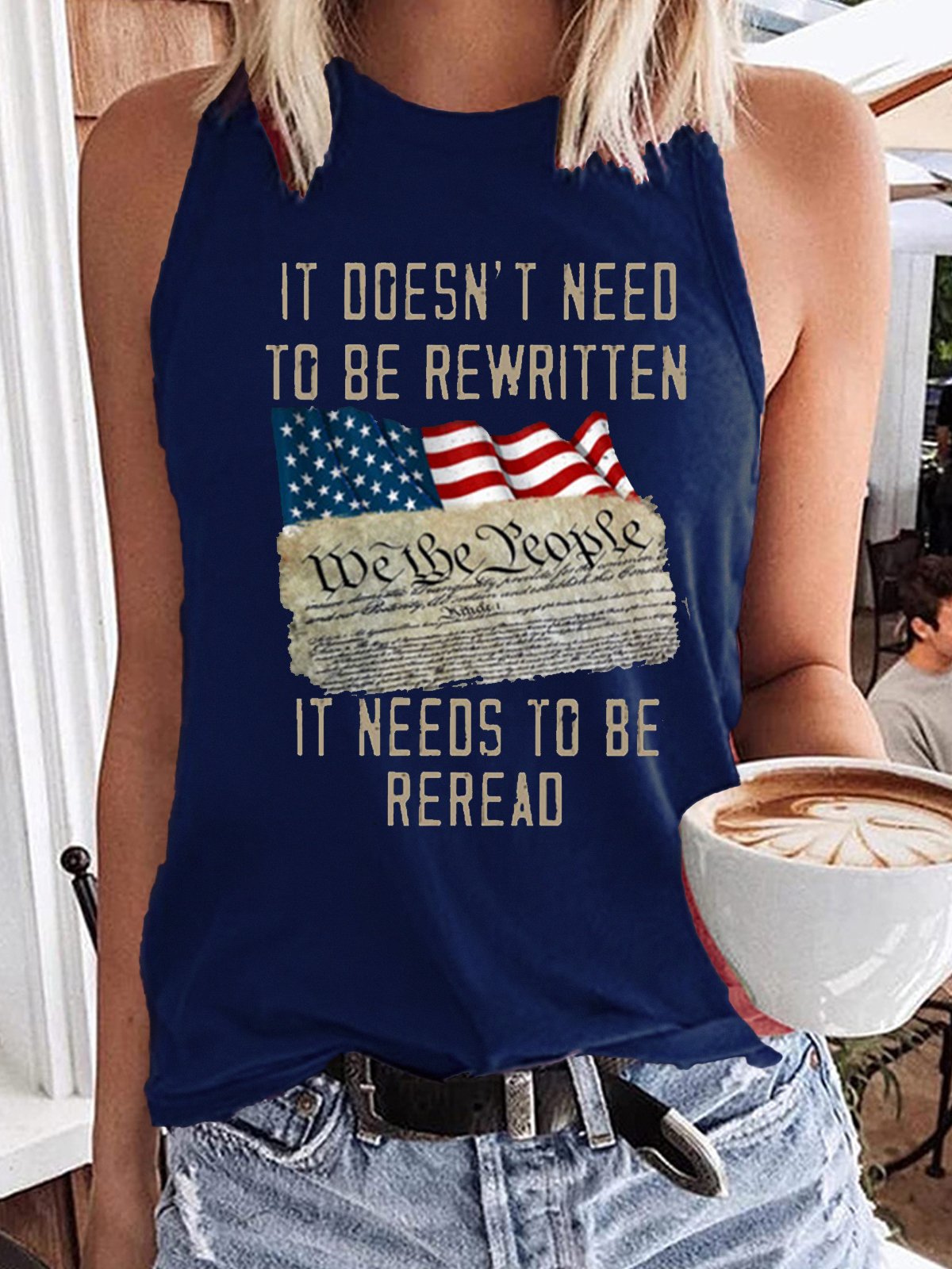 Women's It Doesn't Need To Be Rewritten It Needs To Be Reread We The People Print Crew Neck Tree Casual Tank Top