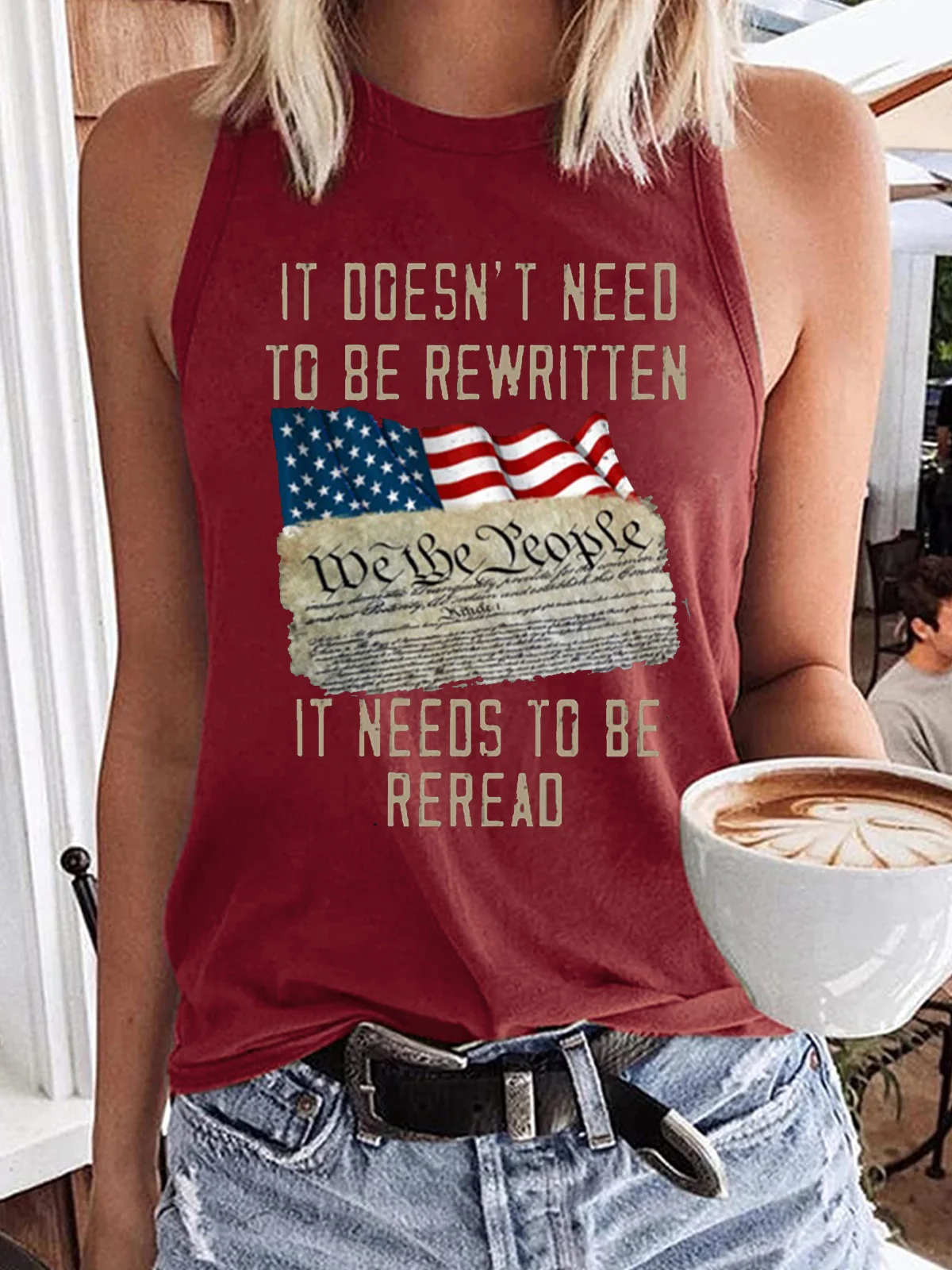 Women's It Doesn't Need To Be Rewritten It Needs To Be Reread We The People Print Crew Neck Tree Casual Tank Top