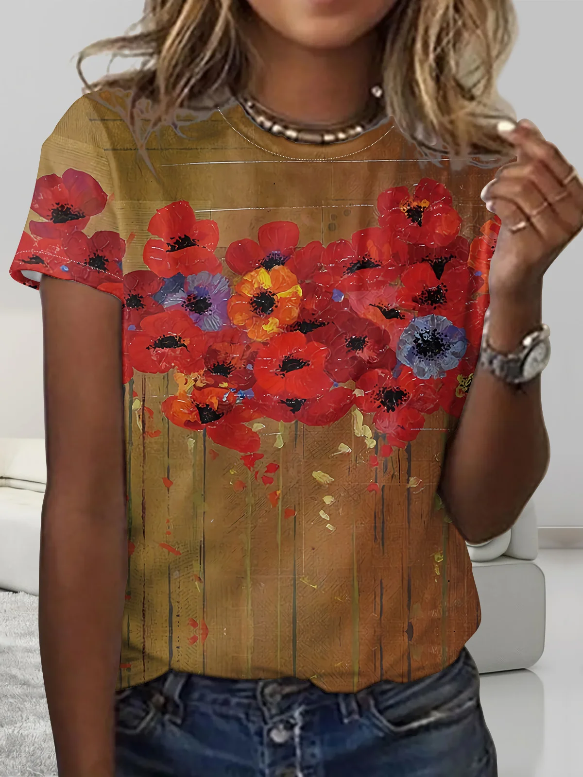 Women's Flower Art Print Casual Crew Neck Shirt