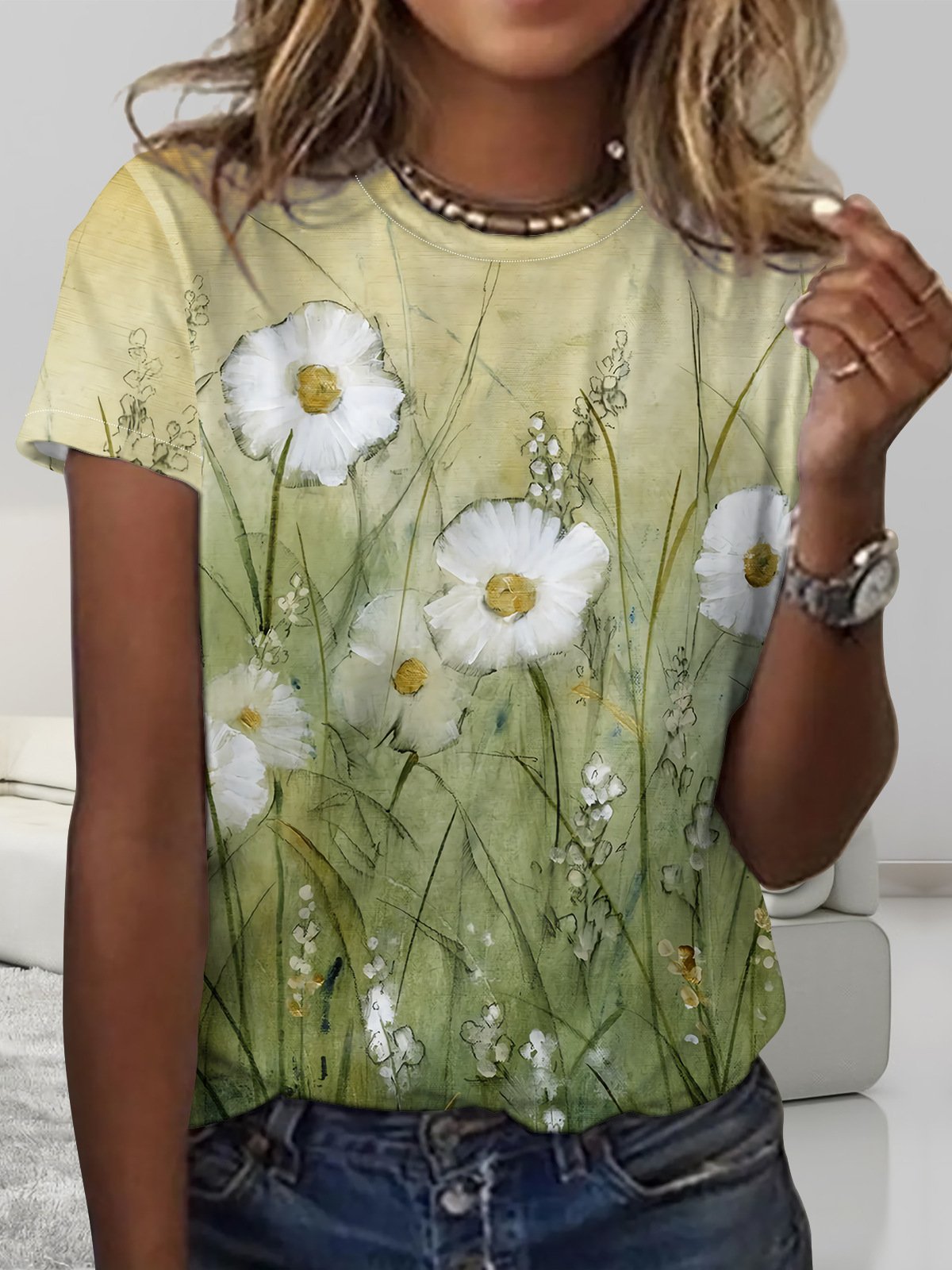 Women's Flower Art Print Casual Crew Neck  Shirt