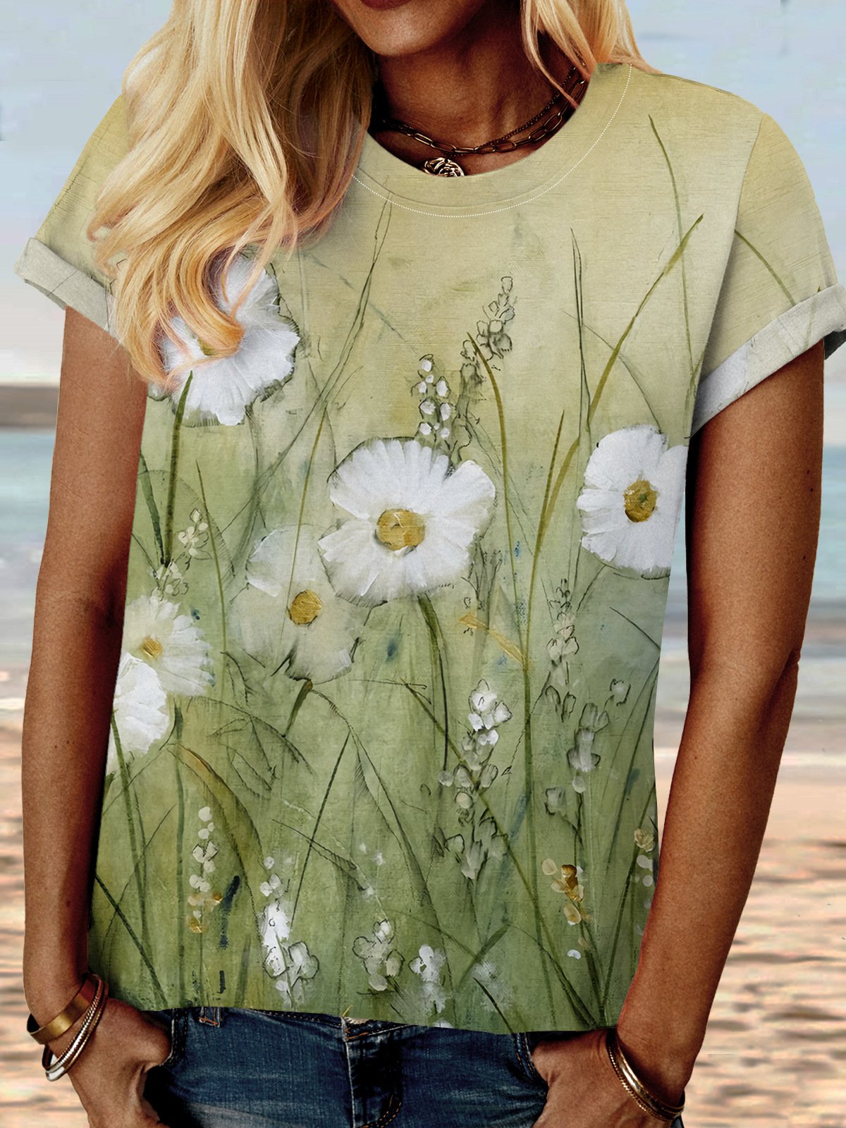 Women's Flower Art Print Casual Crew Neck  Shirt