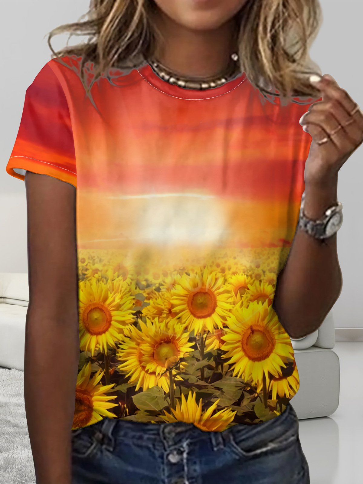 Women’s Sunflower Sunrise Print Casual Crew Neck T-Shirt