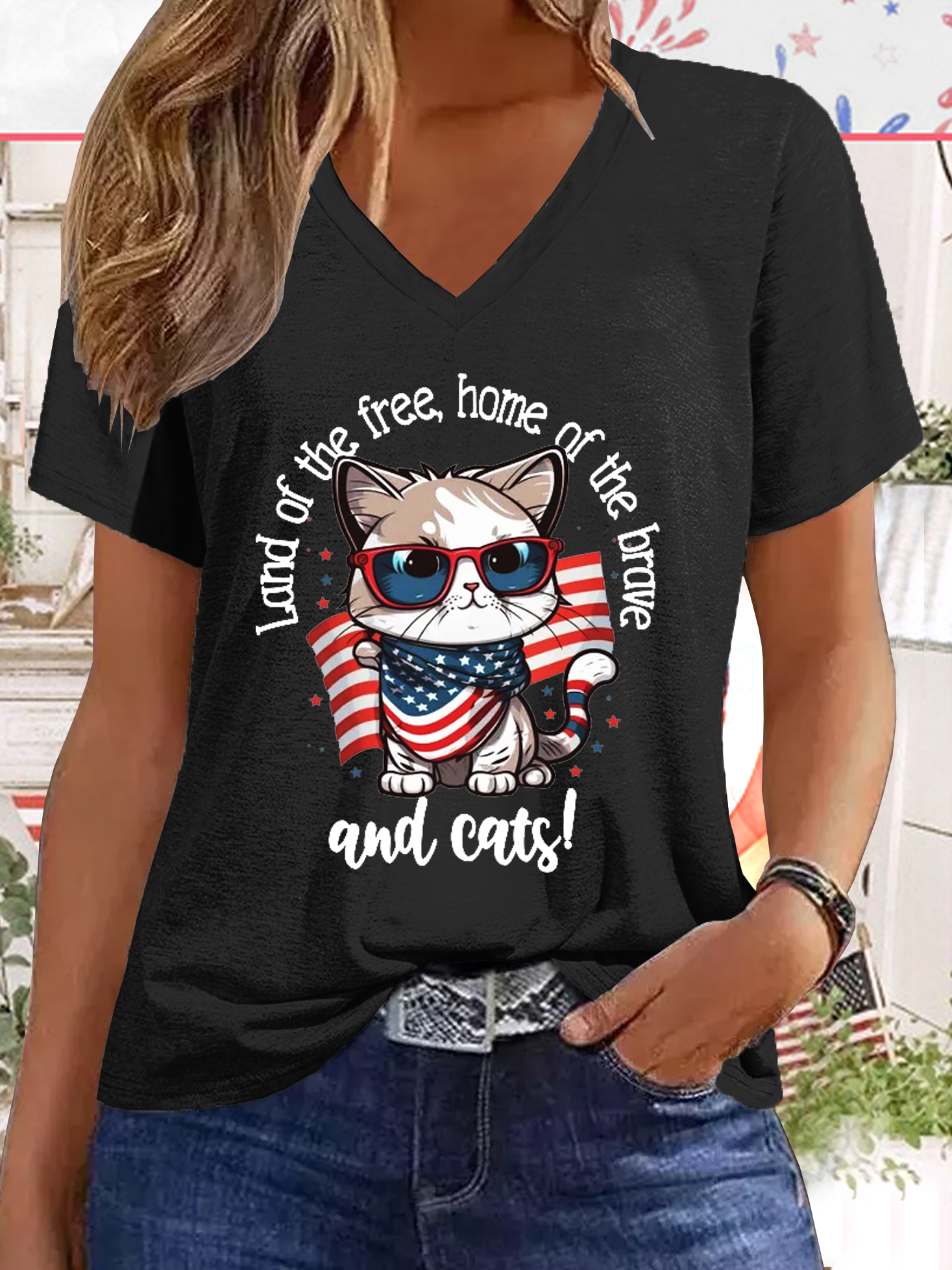 Women's Funny Word Cute American Cat 4th July Cat Lover Casual Cat T-Shirt