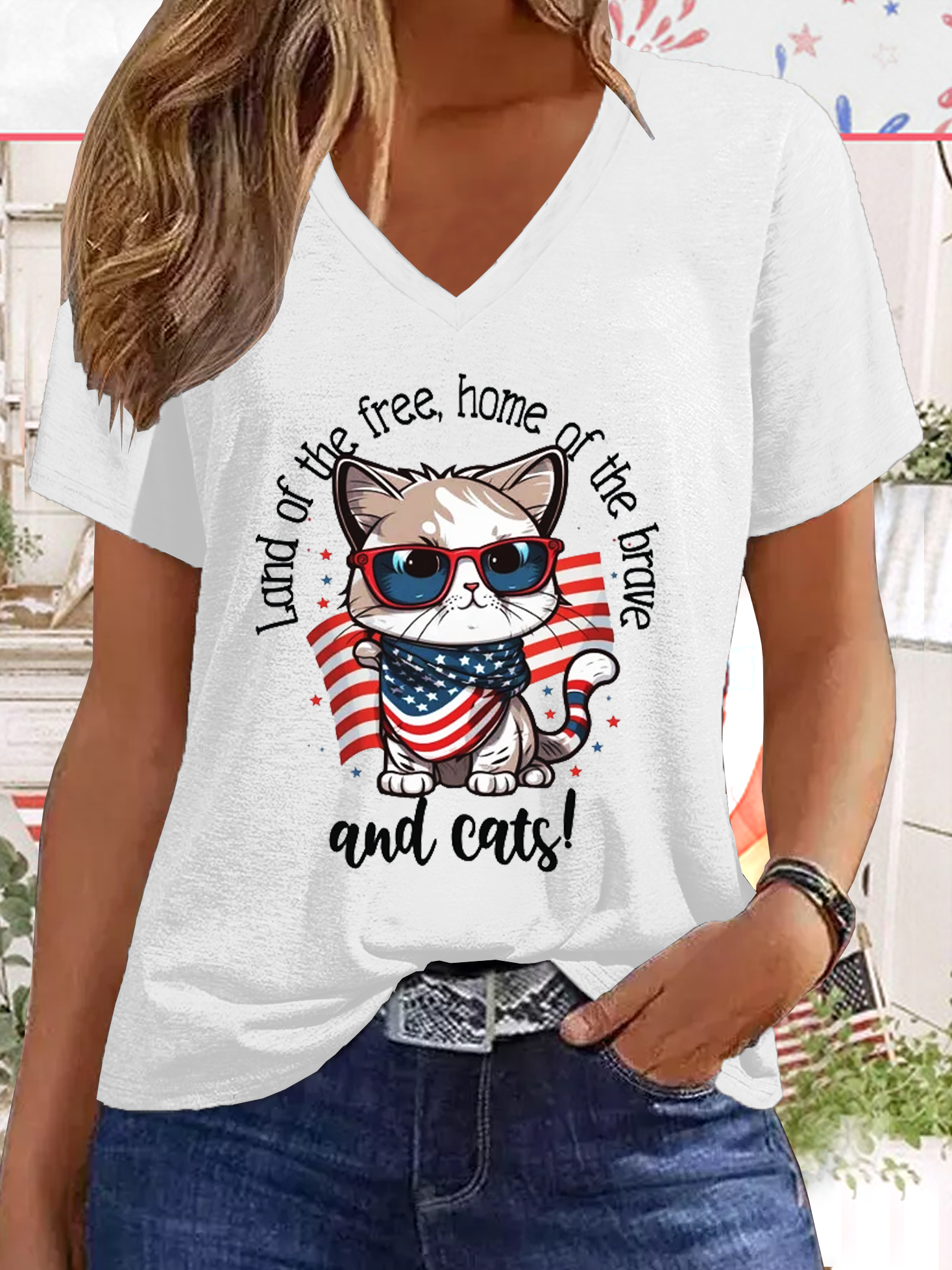 Women's Funny Word Cute American Cat 4th July Cat Lover Casual Cat T-Shirt