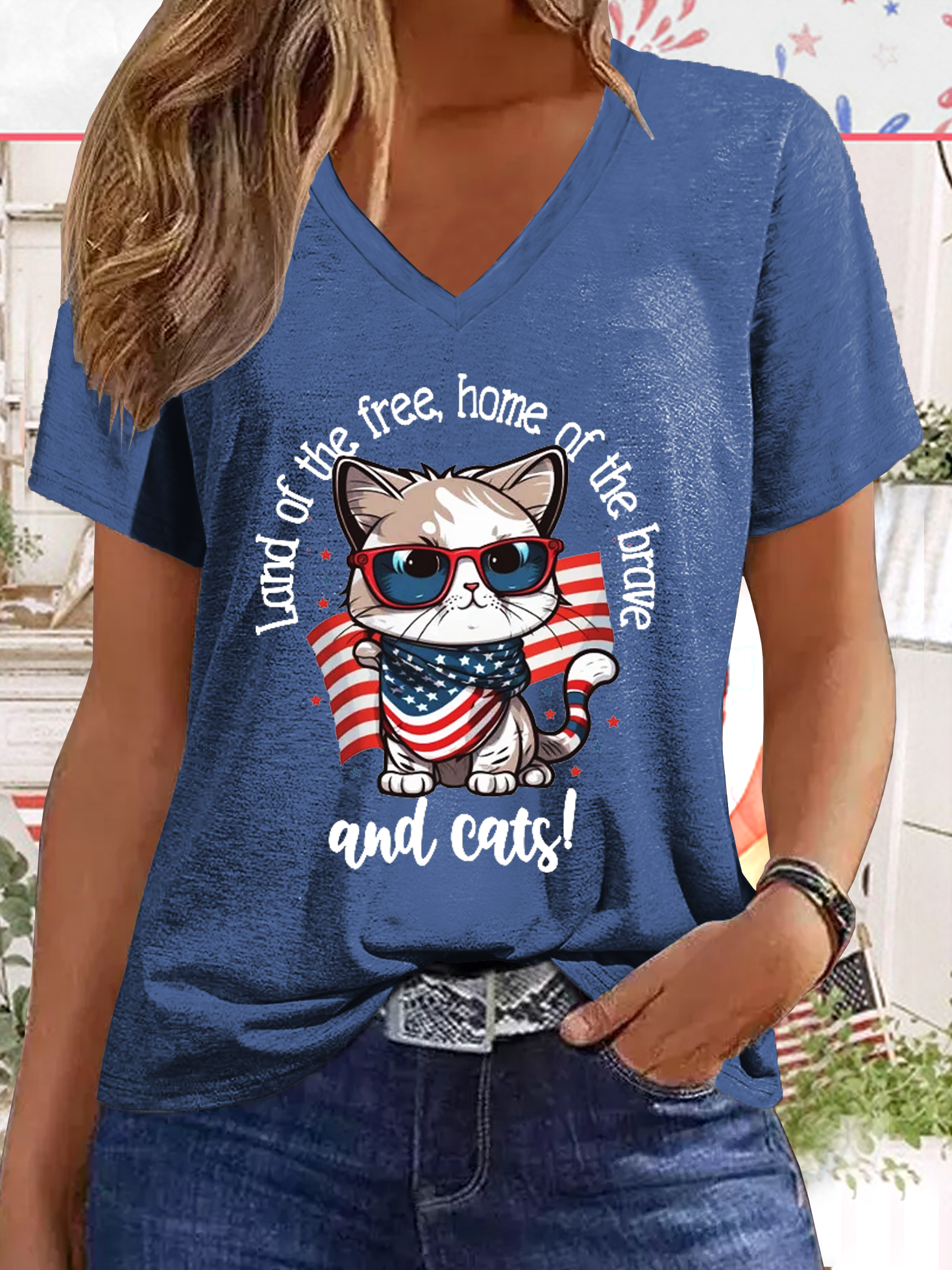 Women's Funny Word Cute American Cat 4th July Cat Lover Casual Cat T-Shirt