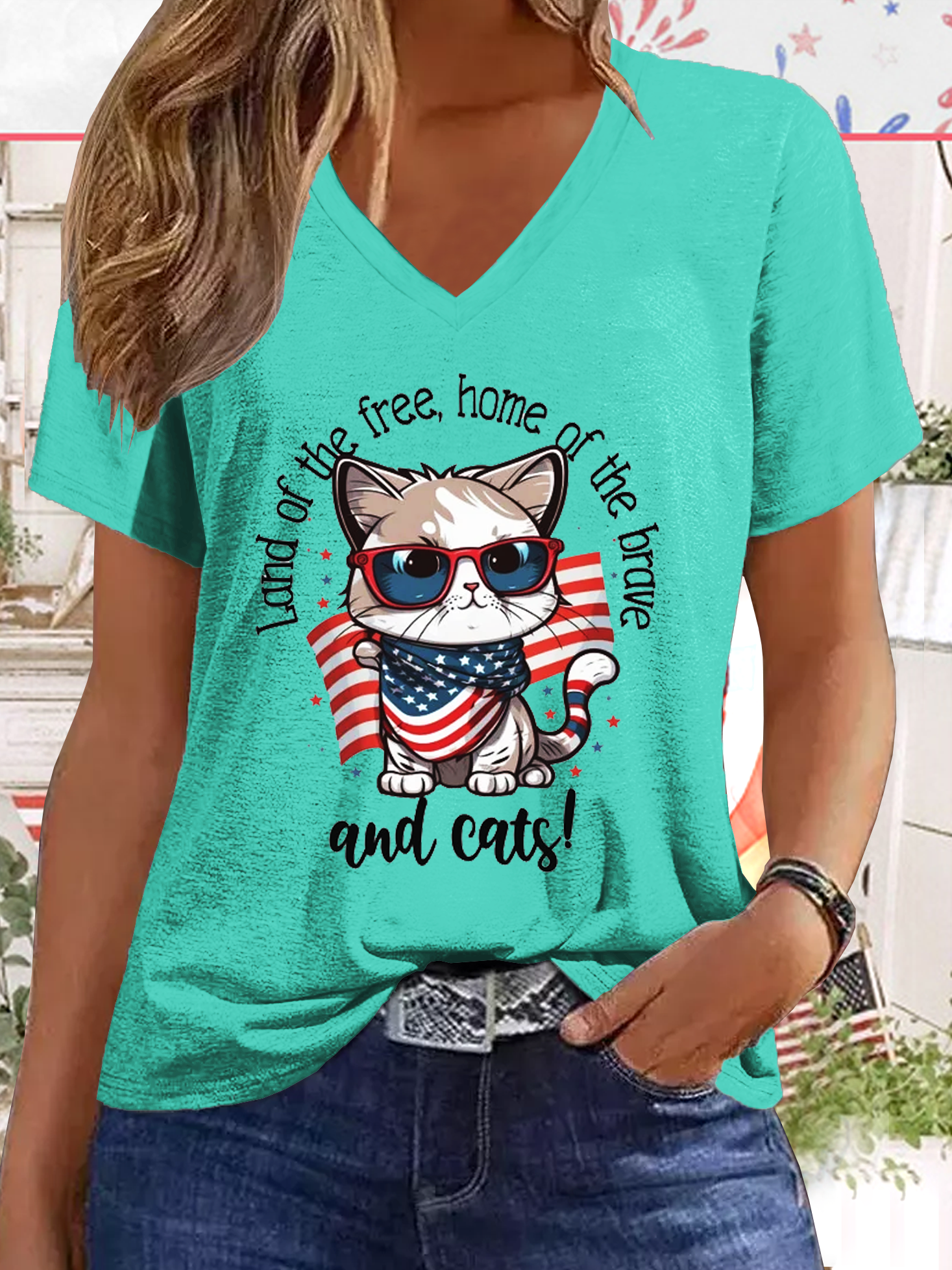 Women's Funny Word Cute American Cat 4th July Cat Lover Casual Cat T-Shirt