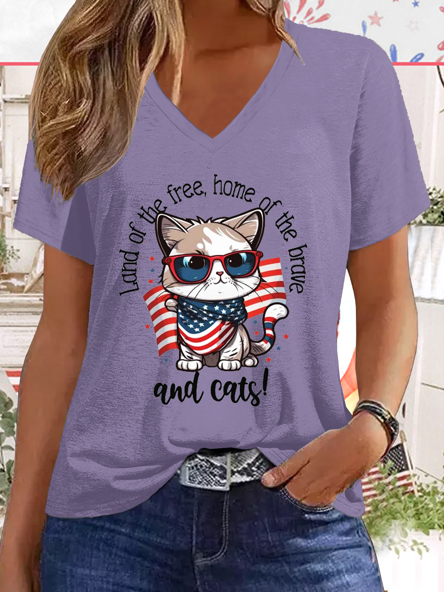 Women's Funny Word Cute American Cat 4th July Cat Lover Casual Cat T-Shirt