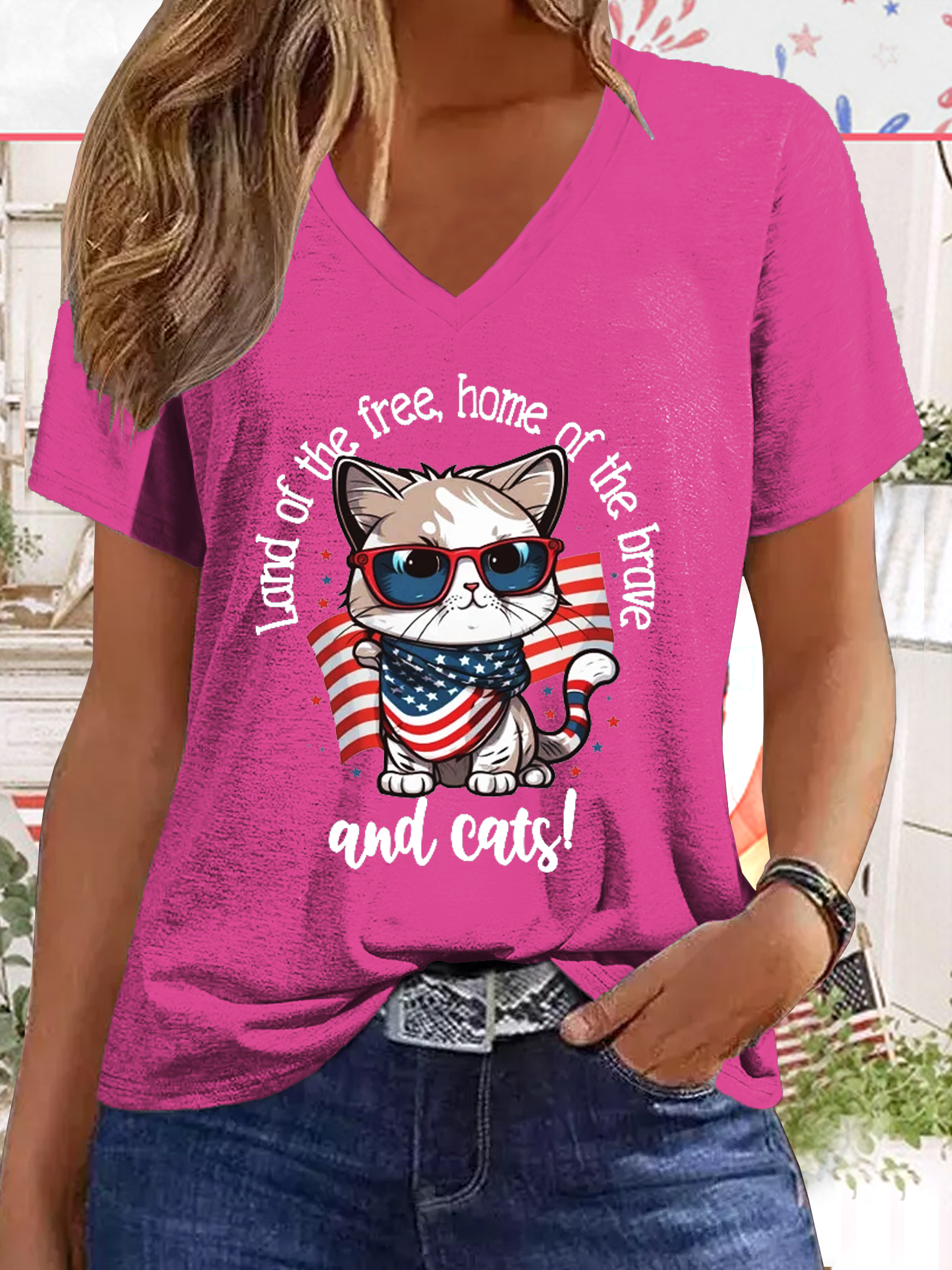 Women's Funny Word Cute American Cat 4th July Cat Lover Casual Cat T-Shirt