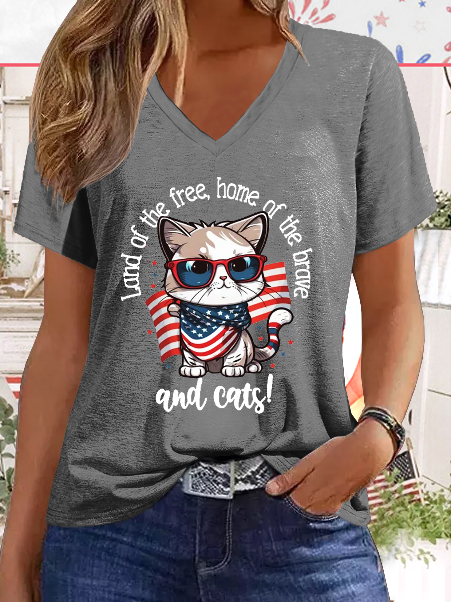 Women's Funny Word Cute American Cat 4th July Cat Lover Casual Cat T-Shirt