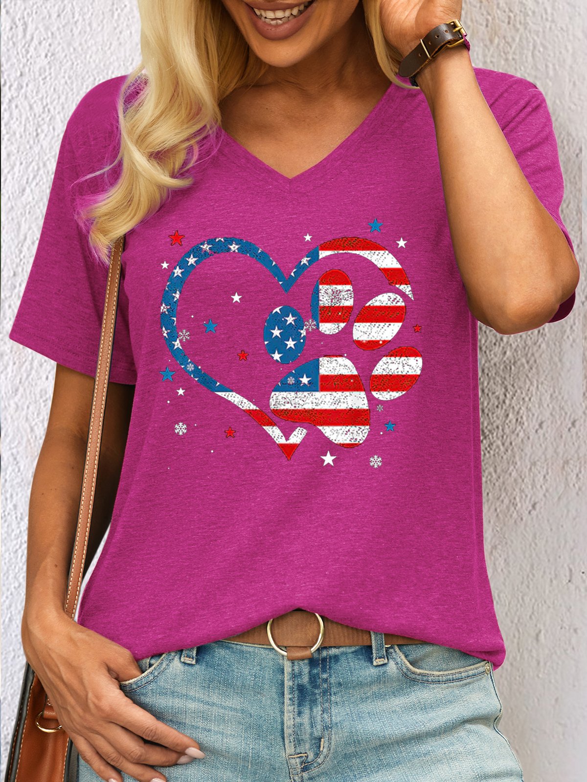 womens Heart Paw Print Patriotic Cat Dog Lover V Neck Casual T-Shirt