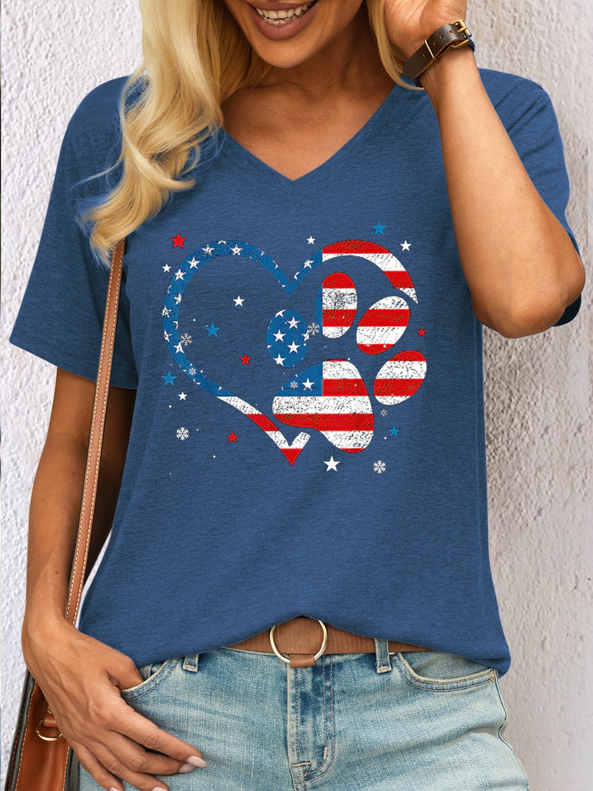 womens Heart Paw Print Patriotic Cat Dog Lover V Neck Casual T-Shirt