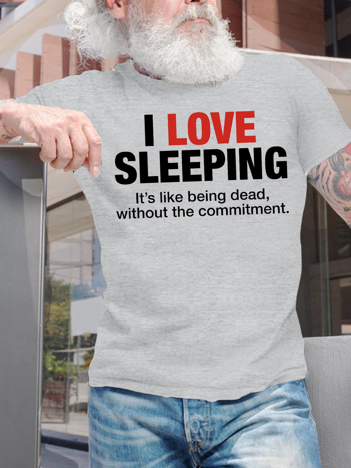 Men's Funny I Love Sleeping Lt's Like Being Dead Without The Commitment Graphic Printing Casual Cotton Loose Crew Neck T-Shirt