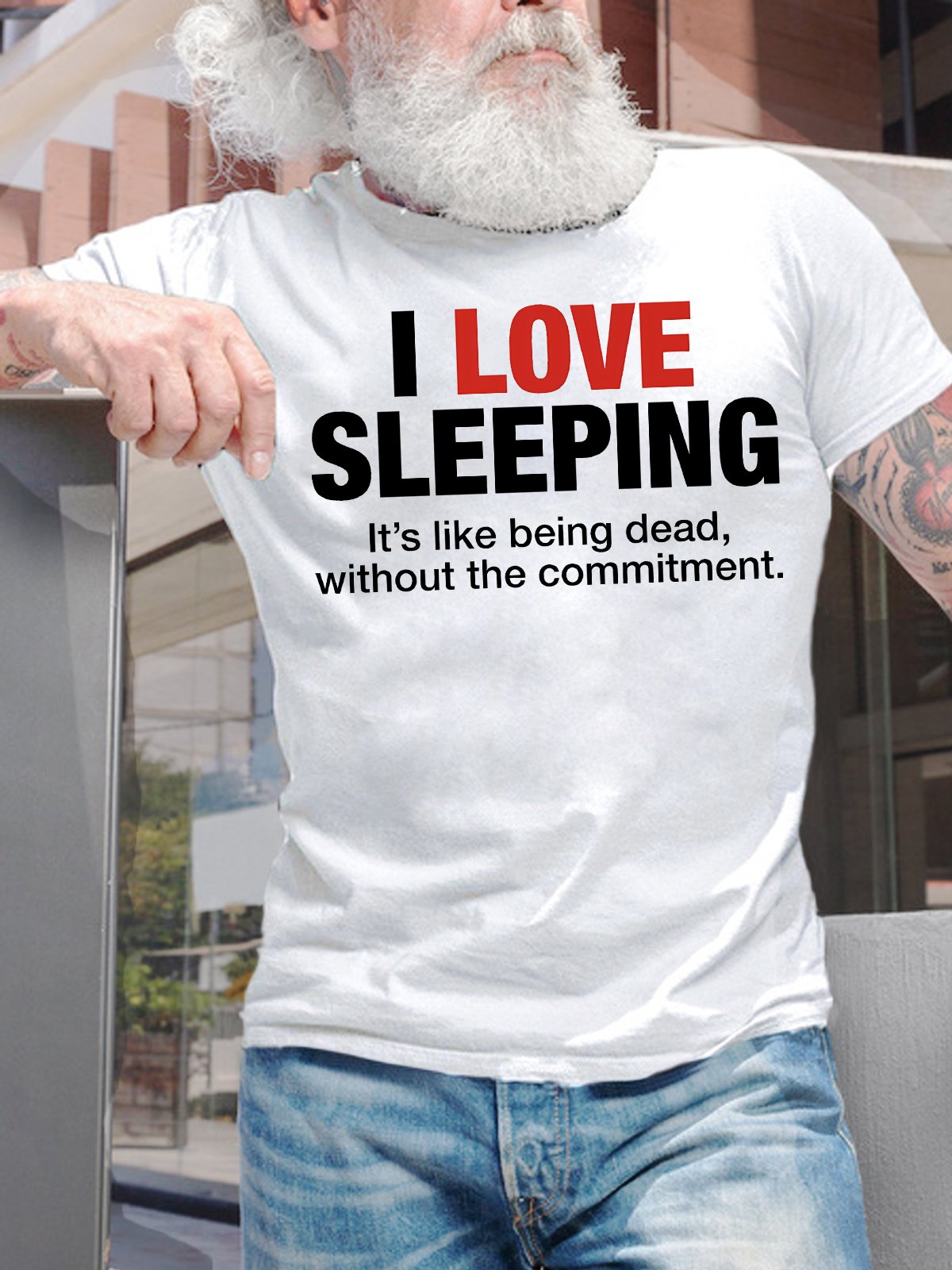 Men's Funny I Love Sleeping Lt's Like Being Dead Without The Commitment Graphic Printing Casual Cotton Loose Crew Neck T-Shirt