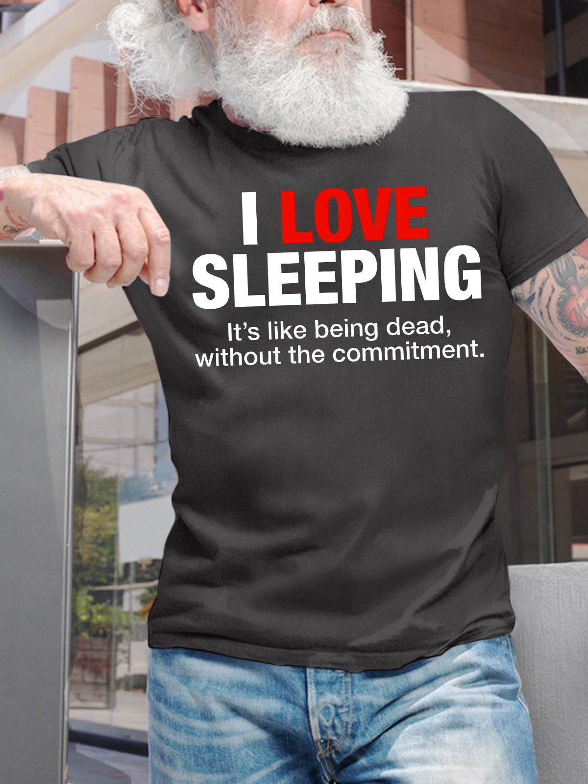 Men's Funny I Love Sleeping Lt's Like Being Dead Without The Commitment Graphic Printing Casual Cotton Loose Crew Neck T-Shirt