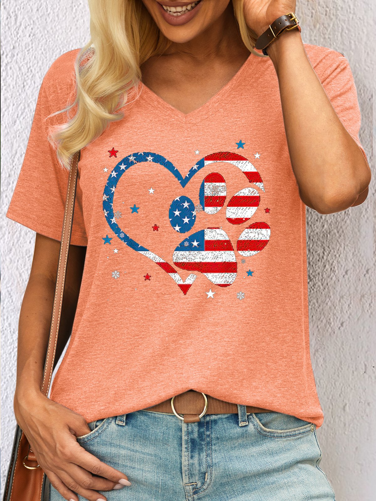 womens Heart Paw Print Patriotic Cat Dog Lover V Neck Casual T-Shirt