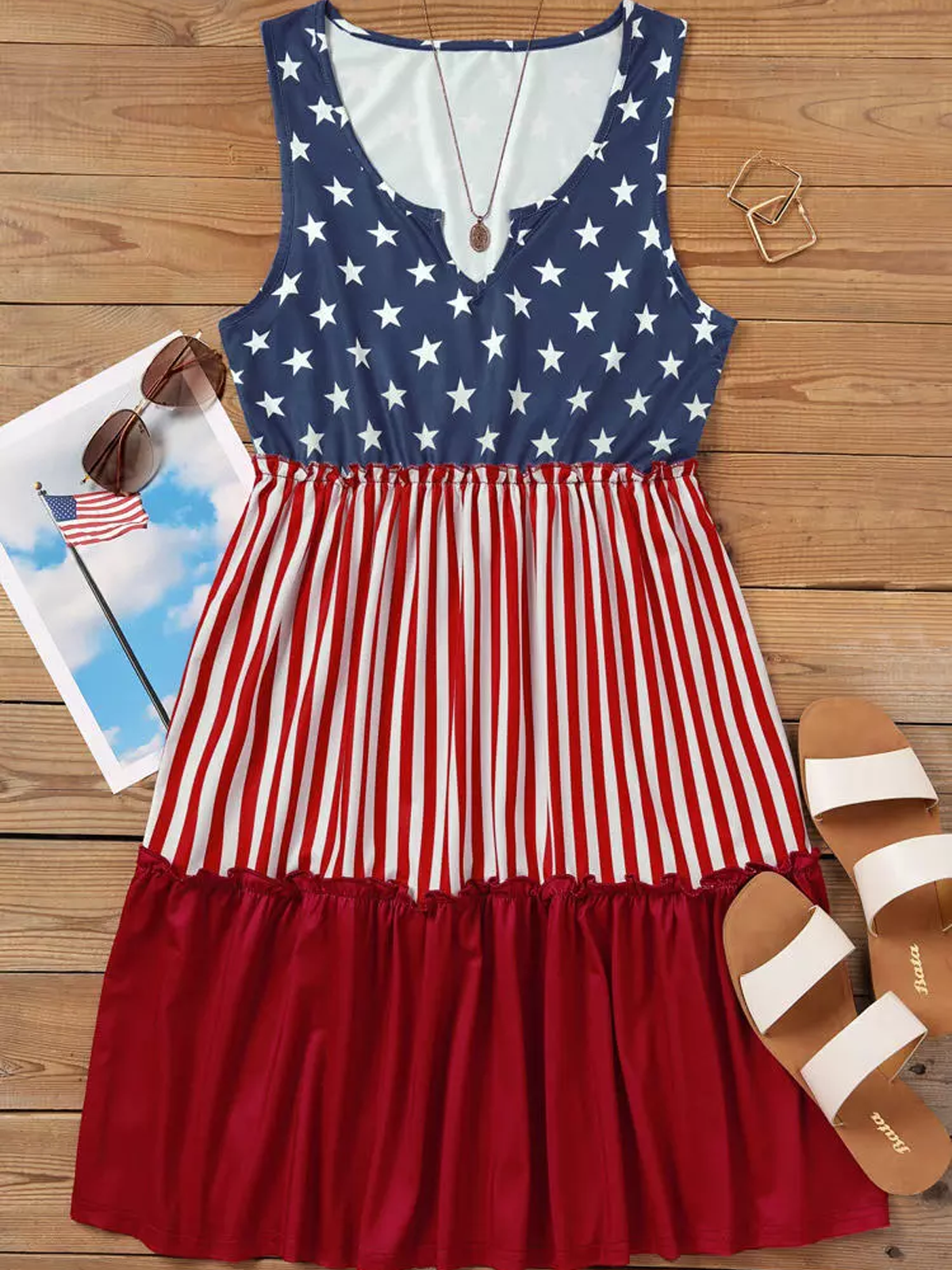 Women's American Flag Star Vertical Striped Ruffled Mini Dress