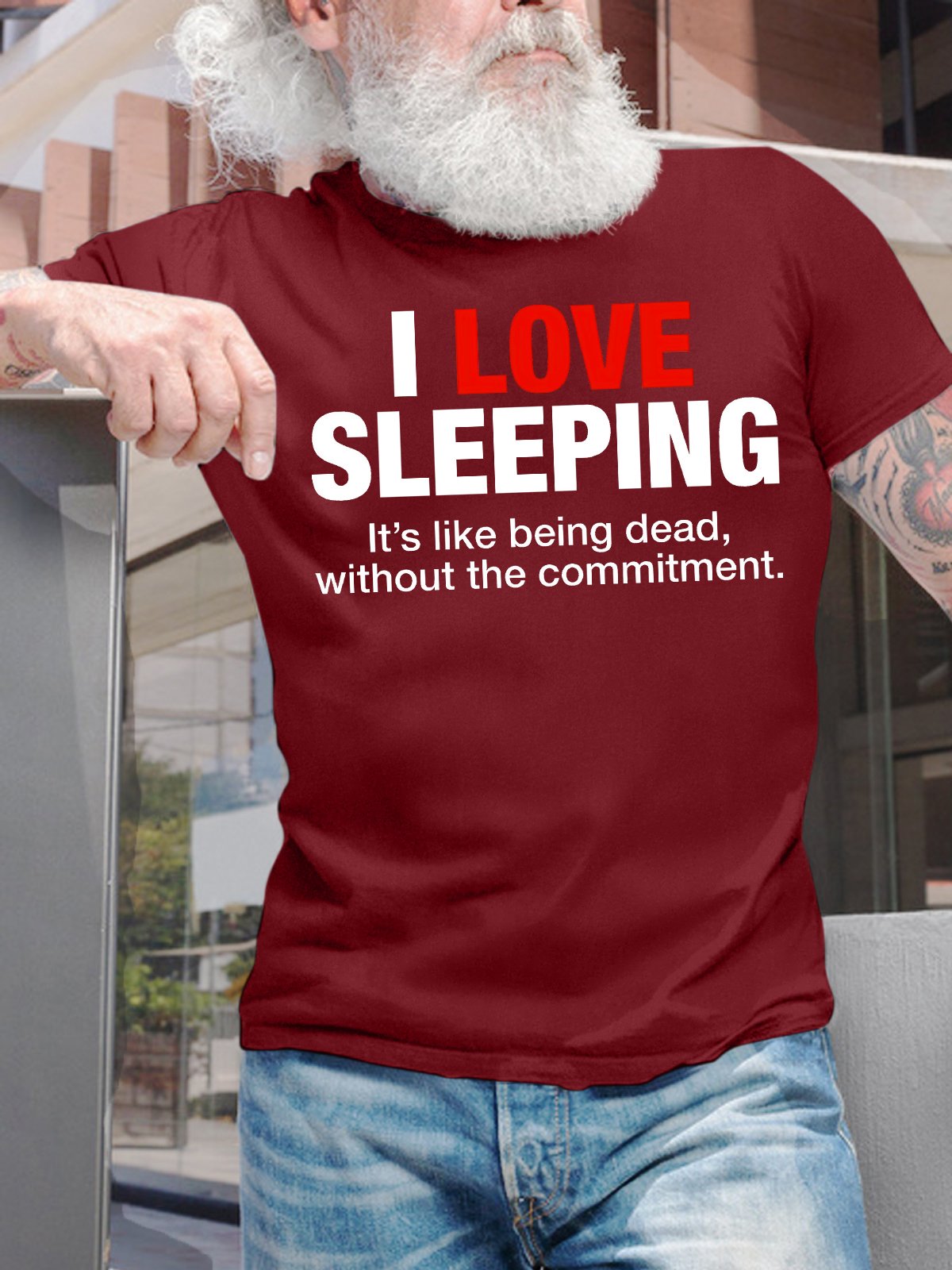 Men's Funny I Love Sleeping Lt's Like Being Dead Without The Commitment Graphic Printing Casual Cotton Loose Crew Neck T-Shirt