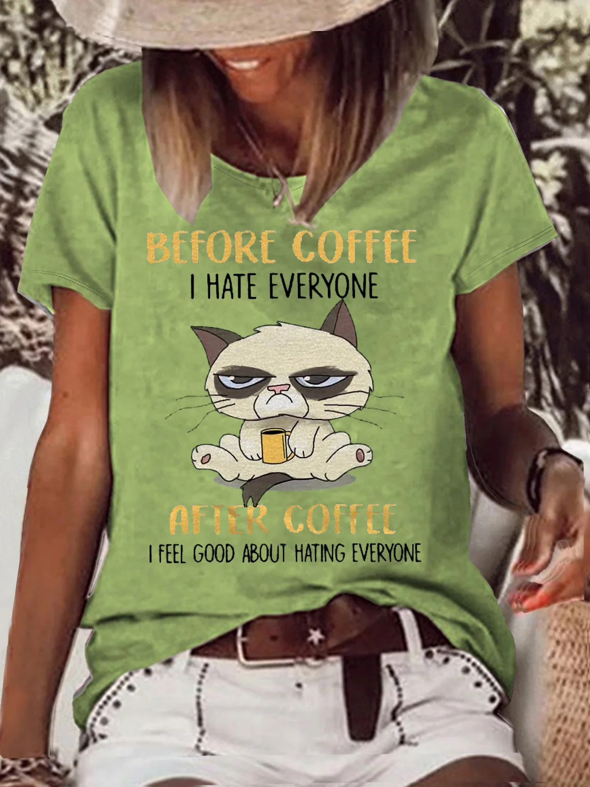 womens Funny Grumpy Cat Before Coffee I Hate Everyone After Coffee I Feel Good T-Shirt