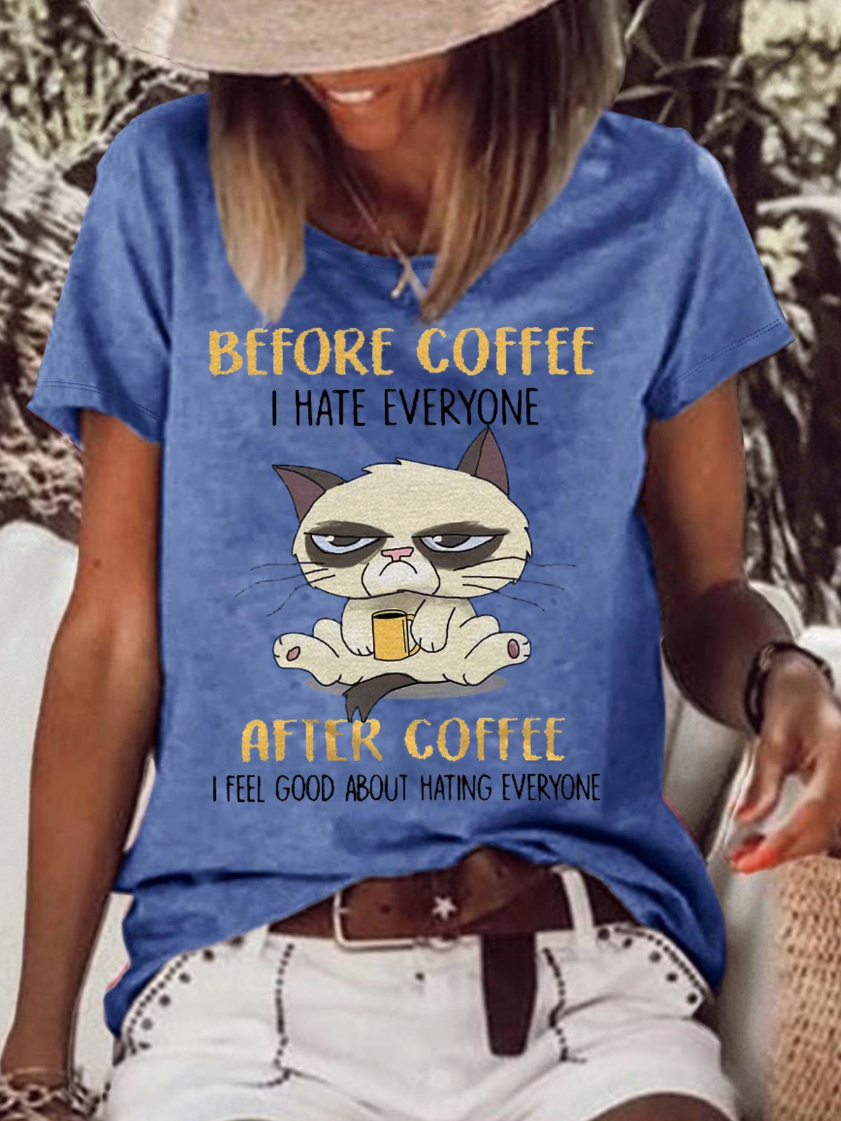 womens Funny Grumpy Cat Before Coffee I Hate Everyone After Coffee I Feel Good T-Shirt