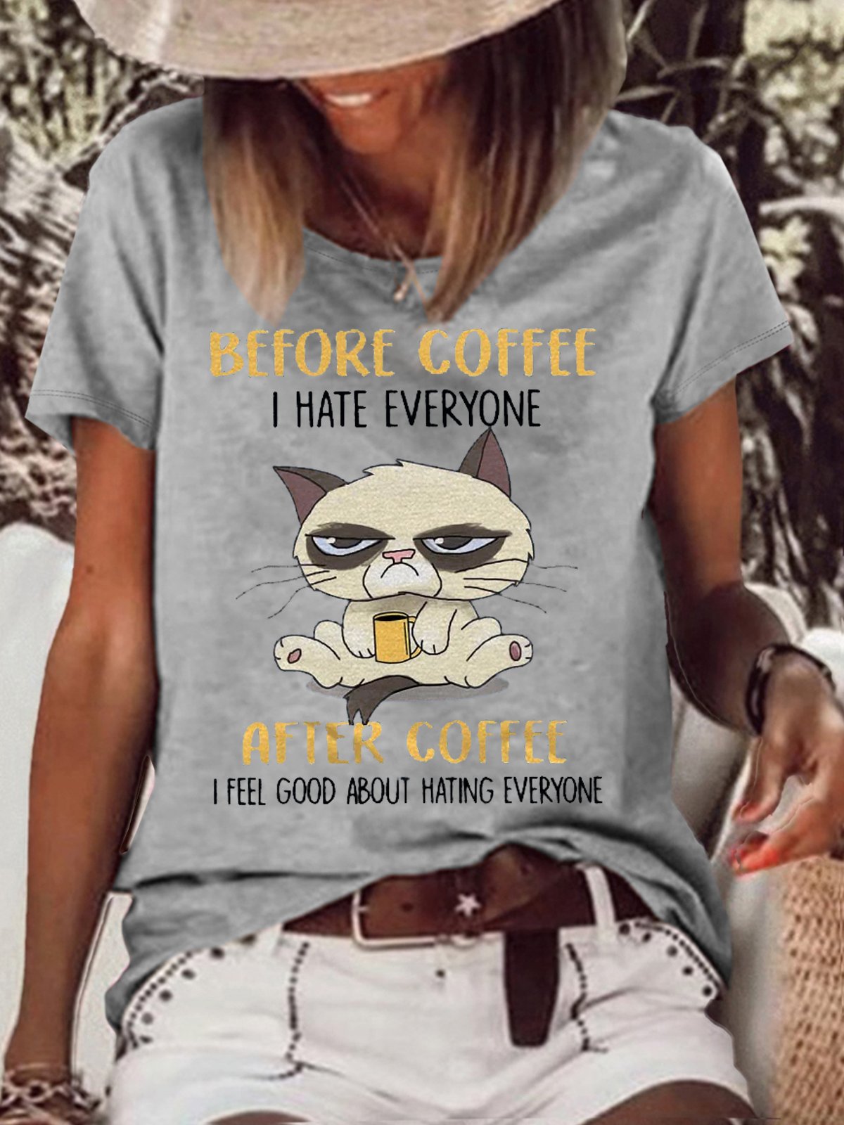 womens Funny Grumpy Cat Before Coffee I Hate Everyone After Coffee I Feel Good T-Shirt