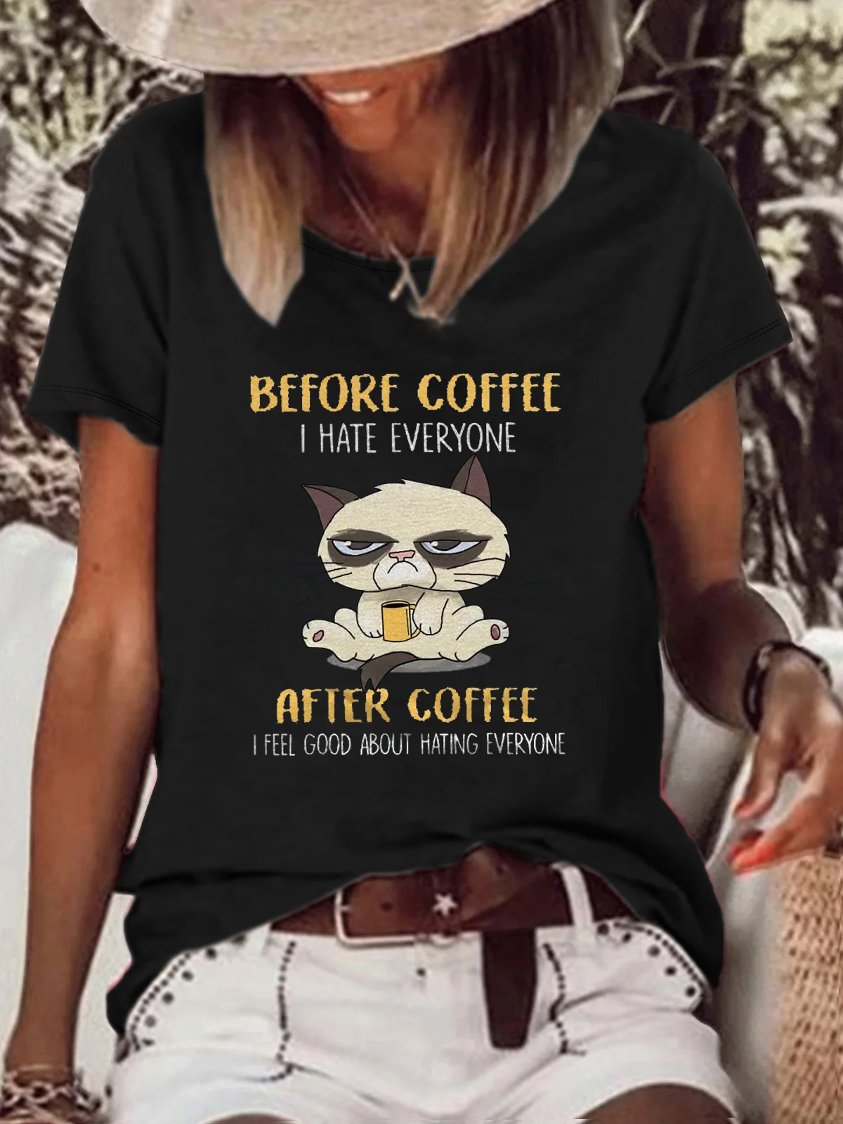 womens Funny Grumpy Cat Before Coffee I Hate Everyone After Coffee I Feel Good T-Shirt