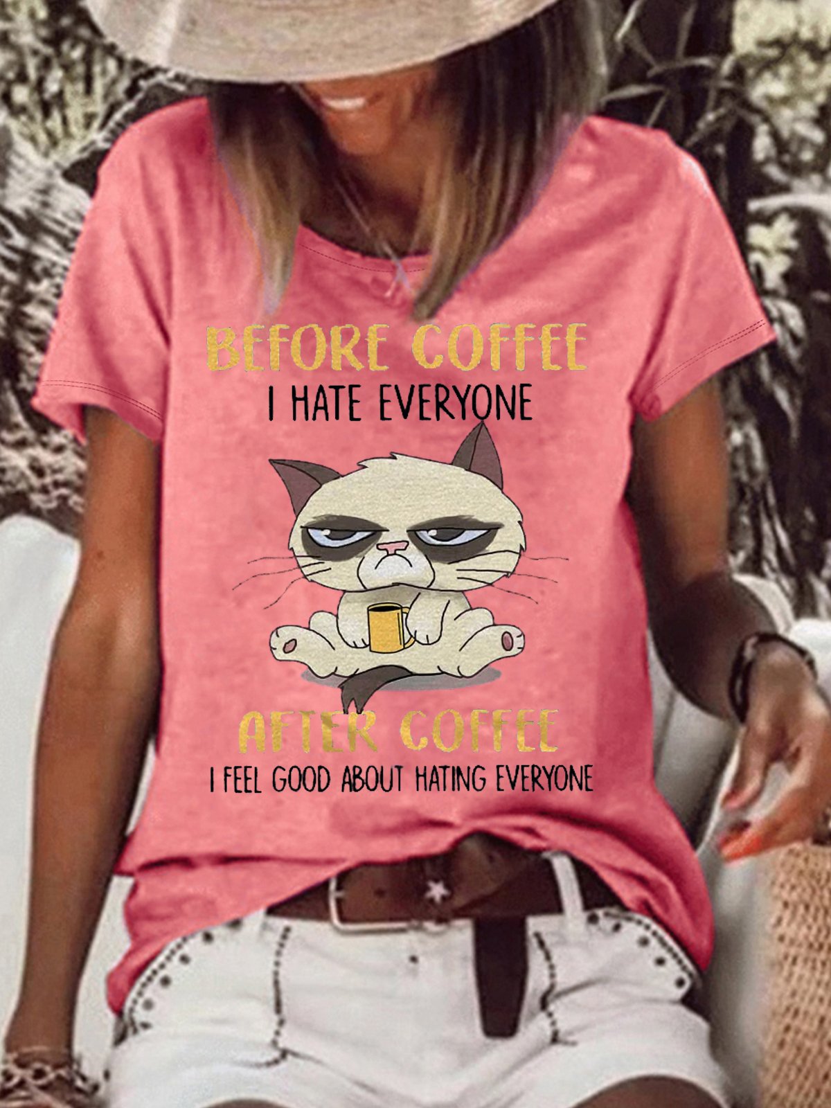 womens Funny Grumpy Cat Before Coffee I Hate Everyone After Coffee I Feel Good T-Shirt