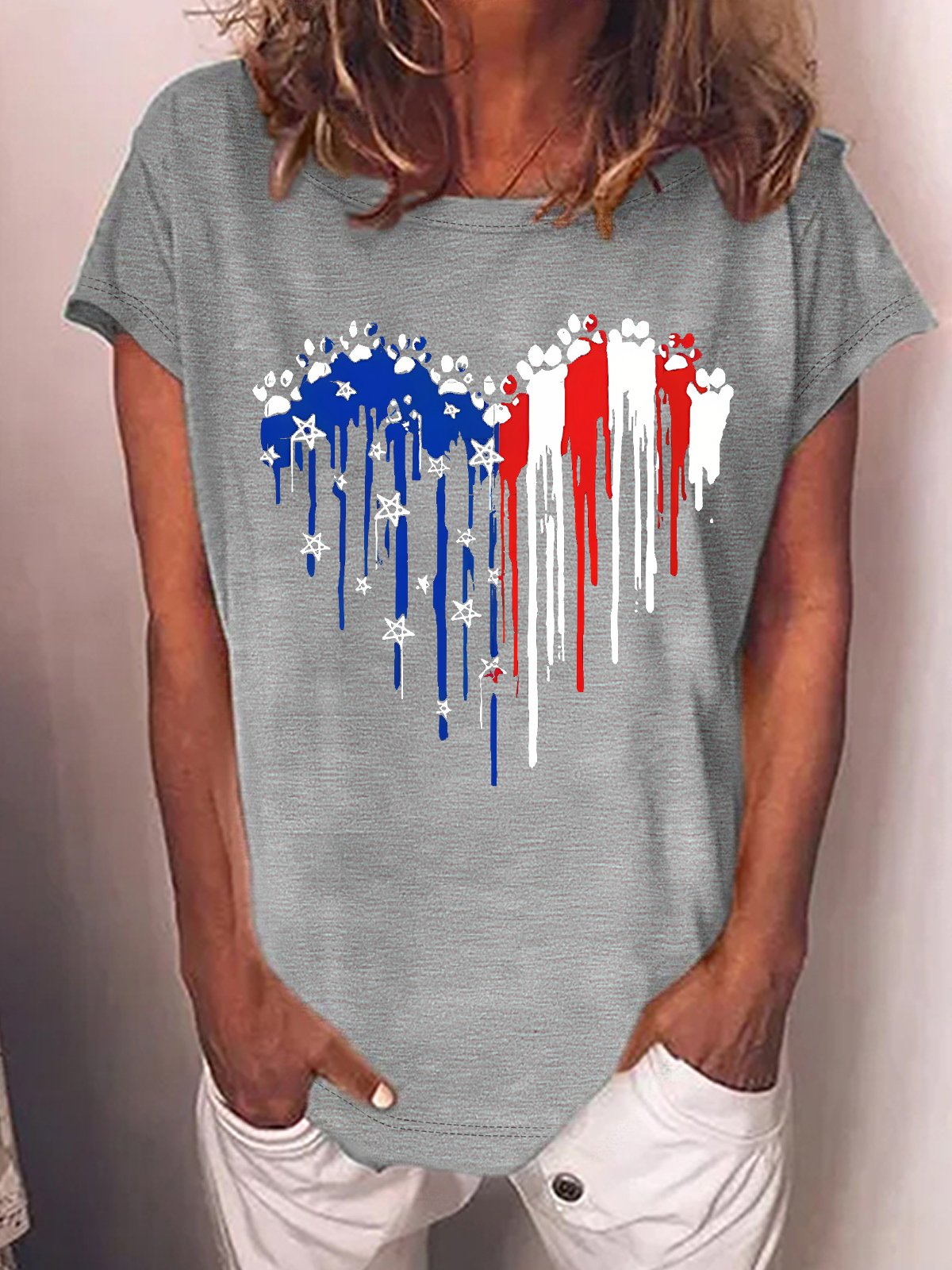 Women's Independence Day Love Dog Paws Blue White Red Graphic Printing 4th Of July Cotton-Blend Casual Loose T-Shirt