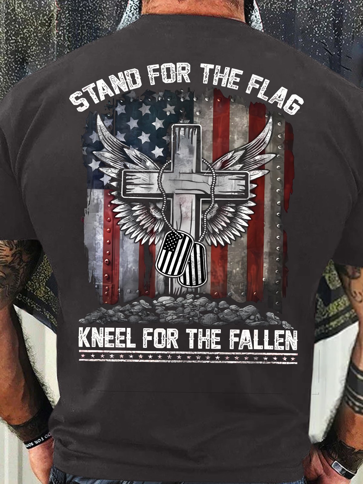 Men's Funny Stand For The Flag Kneel For The Fallen Flag Cross Graphic Printing Casual Loose Cotton T-Shirt