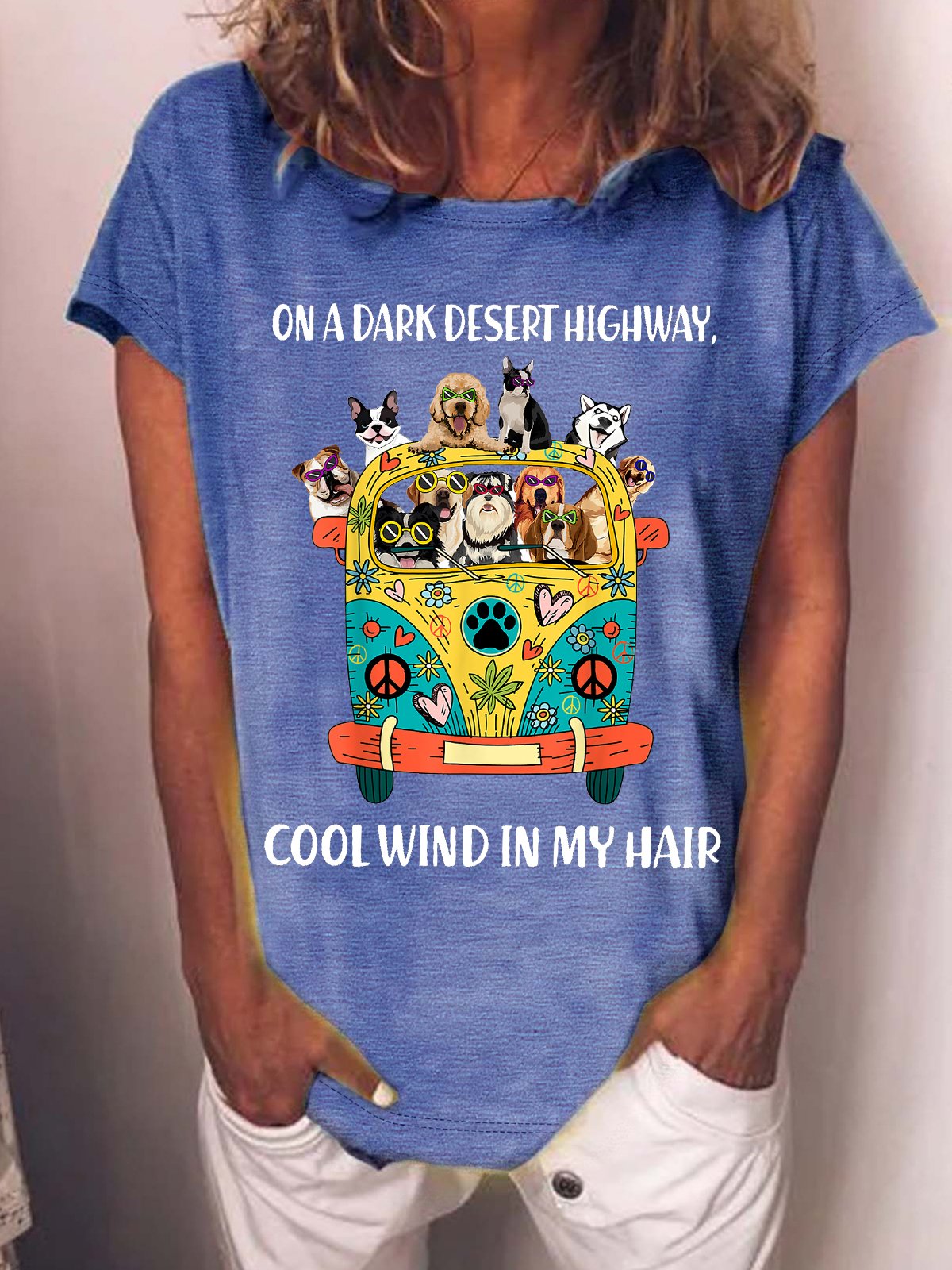 Women's Funny On A Dark Desert Highway Cool Wind In My Hair Graphic Printing Casual Cotton-Blend Text Letters Loose T-Shirt
