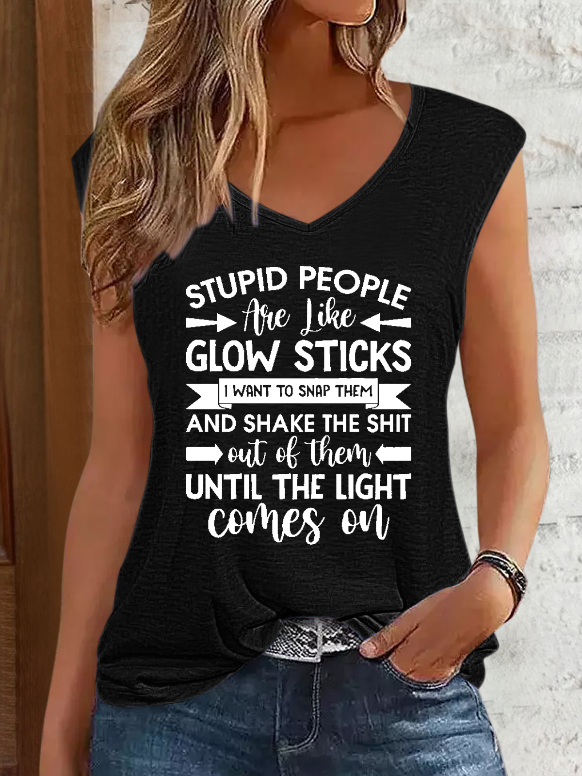 Women's Funny Word Stupid People Are Like Glow Sticks V Neck Regular Fit Tank Top