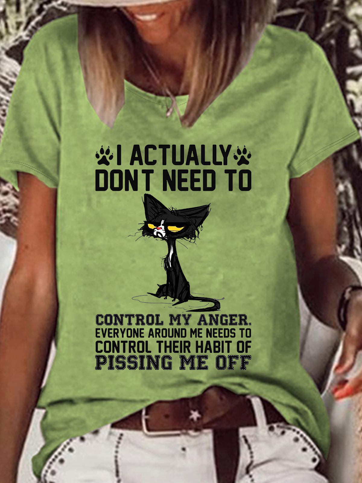 Women's Funny Black Cat I Actually Don't Need to Control My Anger Everyone Around Me Needs to Control Their Habit of Pissing Me Off T-Shirt