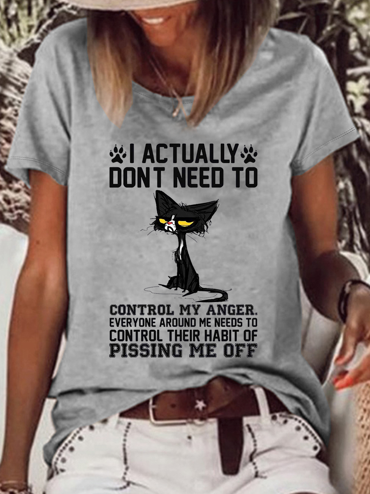 Women's Funny Black Cat I Actually Don't Need to Control My Anger Everyone Around Me Needs to Control Their Habit of Pissing Me Off T-Shirt