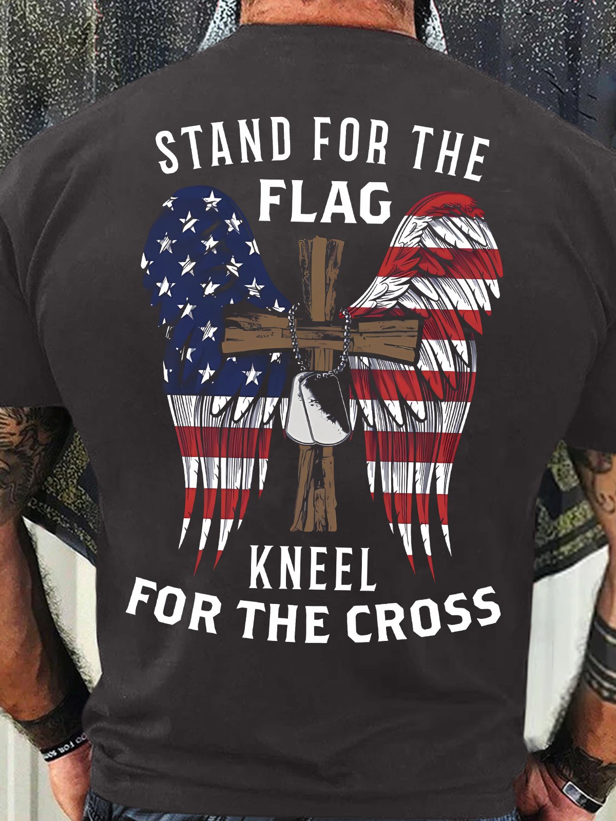 Men's Funny Stand For The Flag Kneel For The Cross Graphic Printing Casual Text Letters Cotton Crew Neck T-Shirt