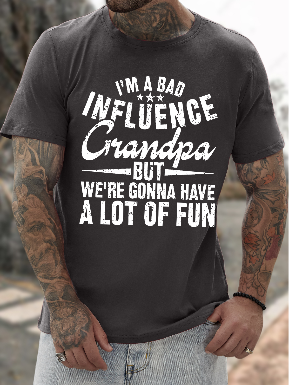 Men's Funny I Am A Bad Influence Grandpa But We Are Gonna Have A Lot Of Fun Graphic Printing Crew Neck Casual Cotton Text Letters T-Shirt