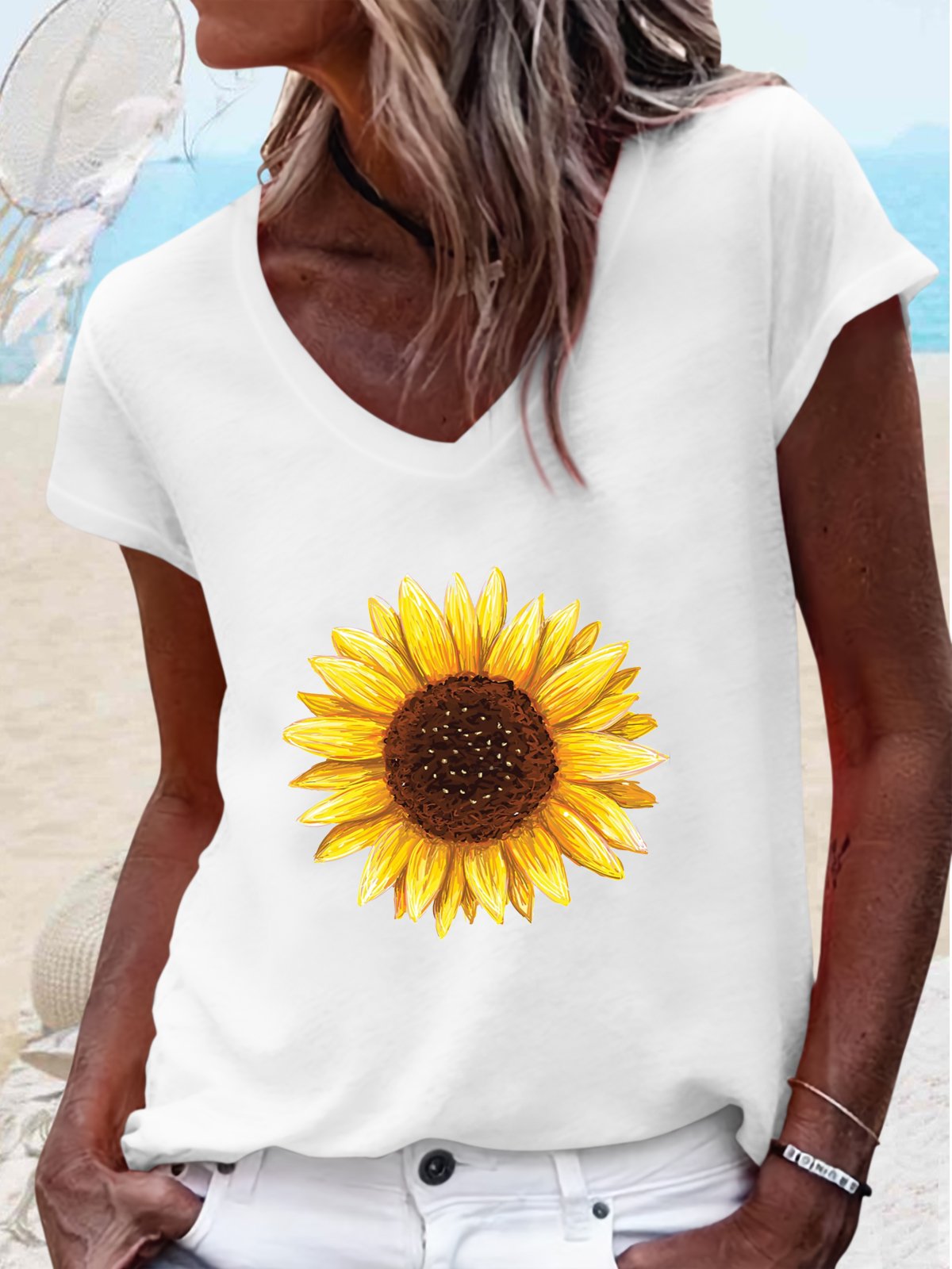 Women's Sunflower V Neck Casual T-Shirt