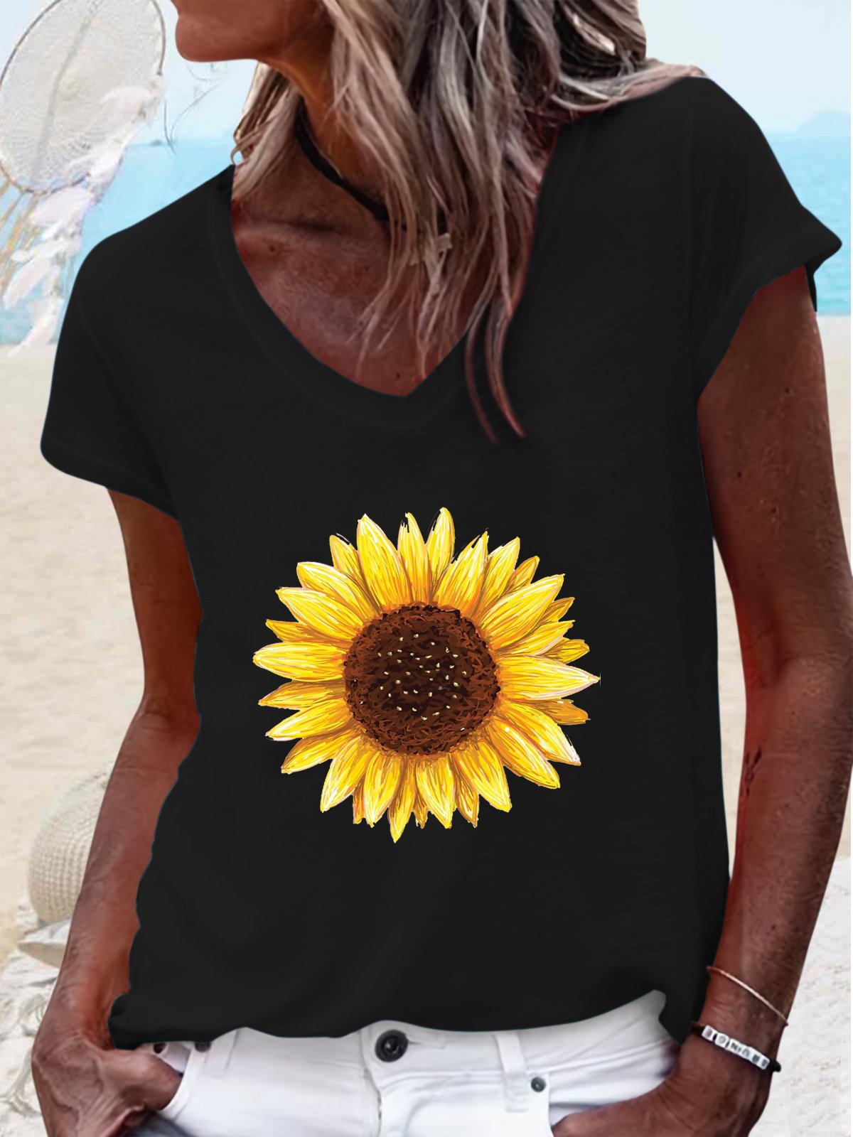 Women's Sunflower V Neck Casual T-Shirt