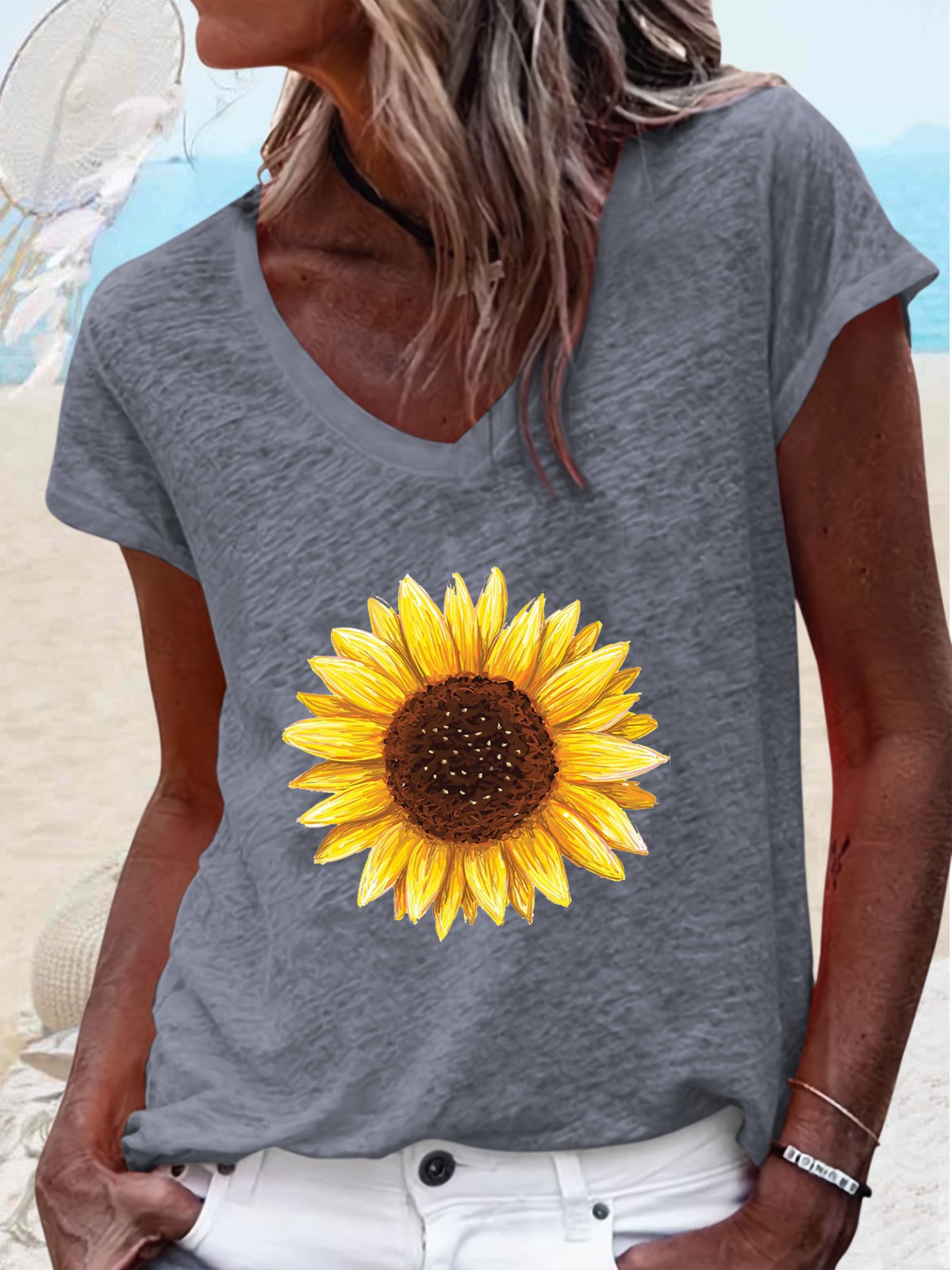 Women's Sunflower V Neck Casual T-Shirt