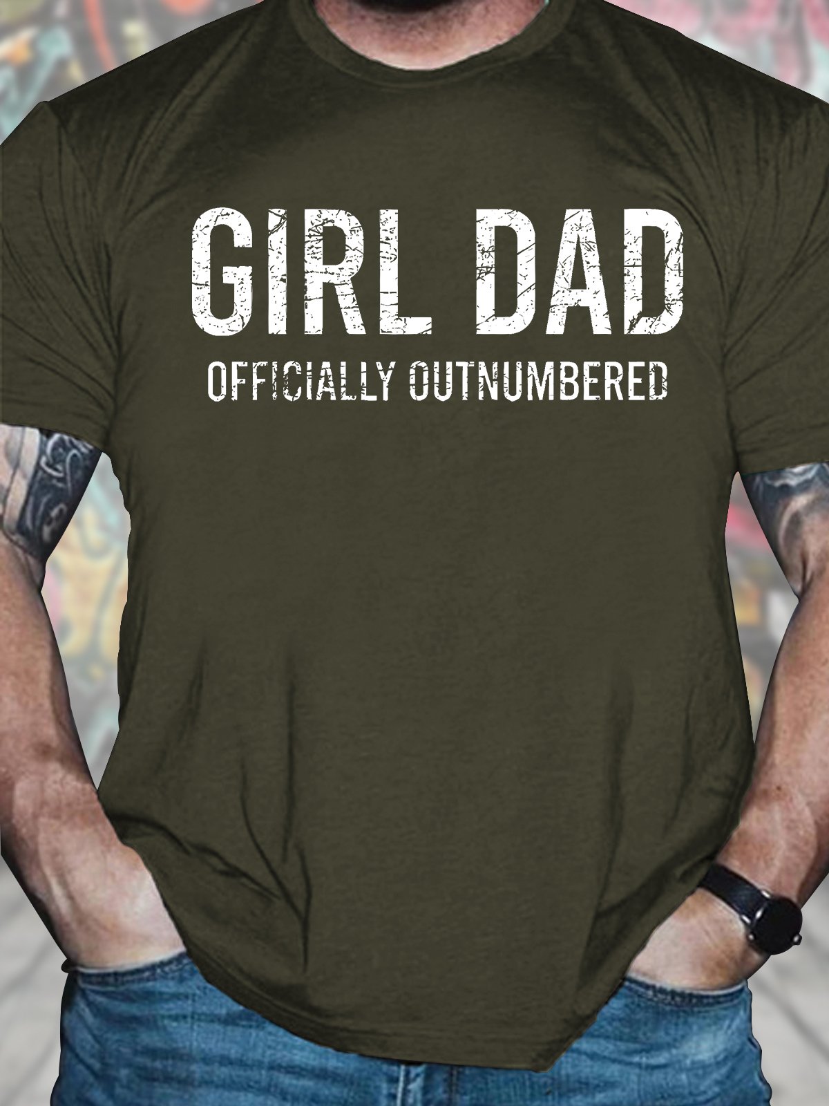 Men's Funny Girl Dad Officially Outnumbered Graphic Printing Text Letters Crew Neck Loose Casual T-Shirt