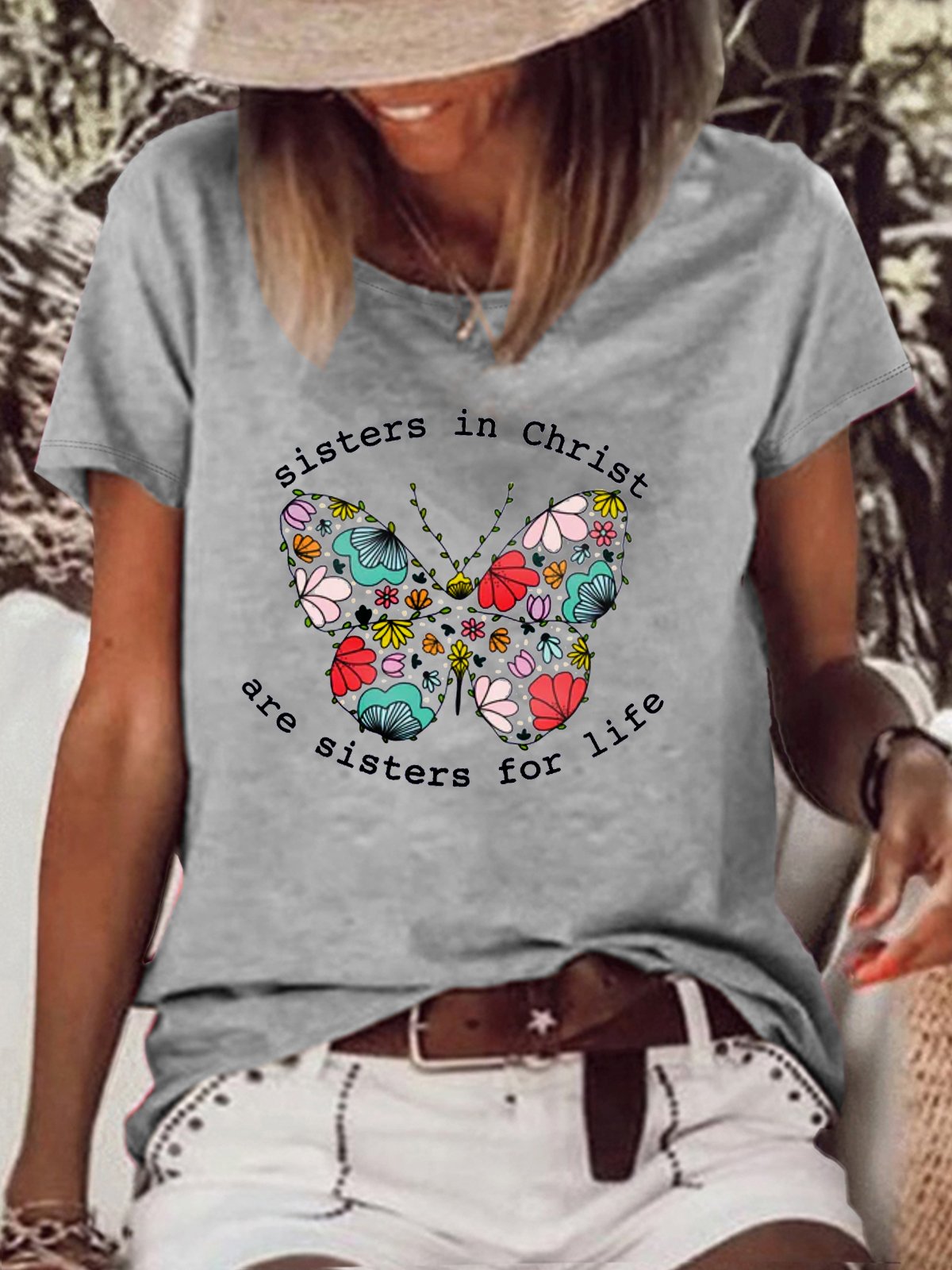 Women's Sisters in Christ Butterfly Casual  Letters T-Shirt