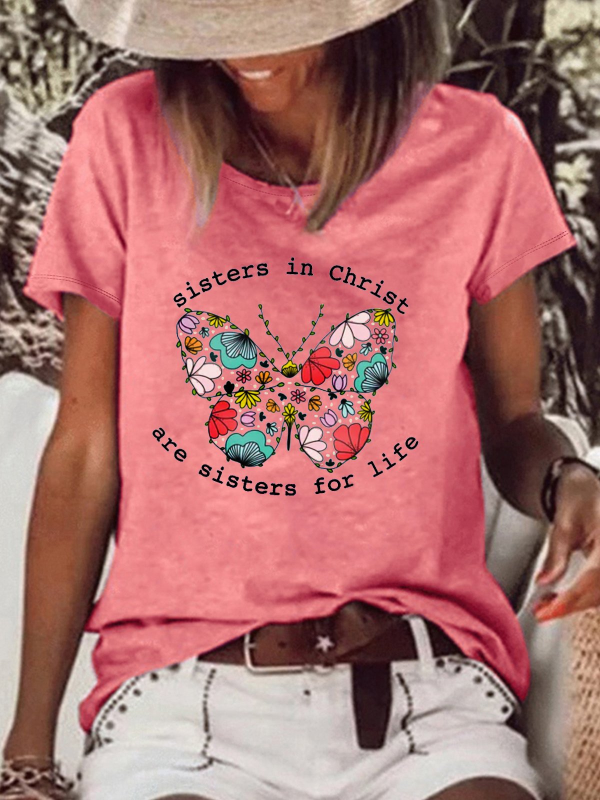 Women's Sisters in Christ Butterfly Casual  Letters T-Shirt