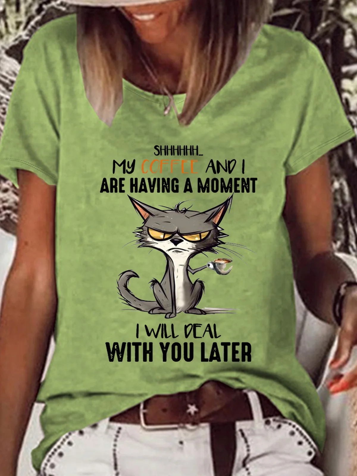 Women's Funny Cat Coffee Saying Coffee Lovers Casual Cat Loose T-Shirt