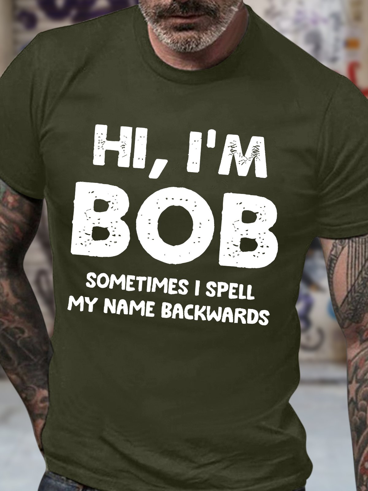 Men's Funny Hi I Am Bob Sometimes I Spell My Name Backwards Graphic Printing Crew Neck Cotton Loose Casual T-Shirt