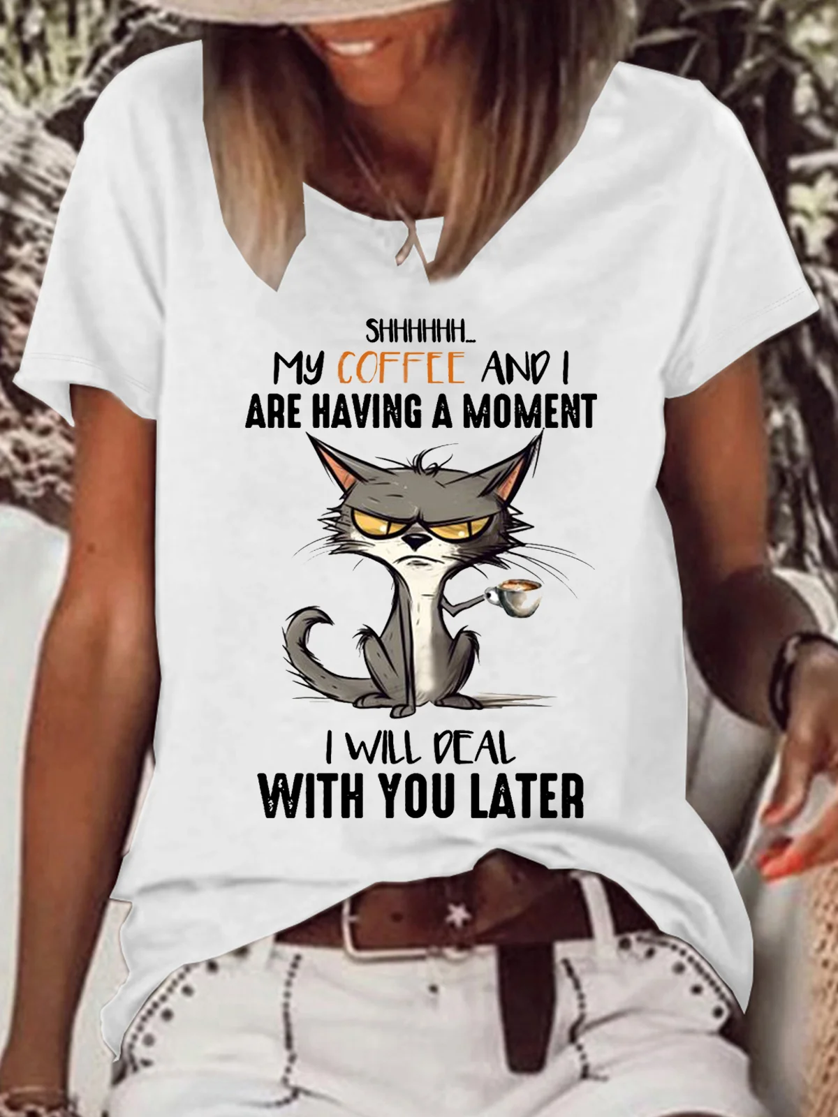 Women's Funny Cat Coffee Saying Coffee Lovers Casual Cat Loose T-Shirt