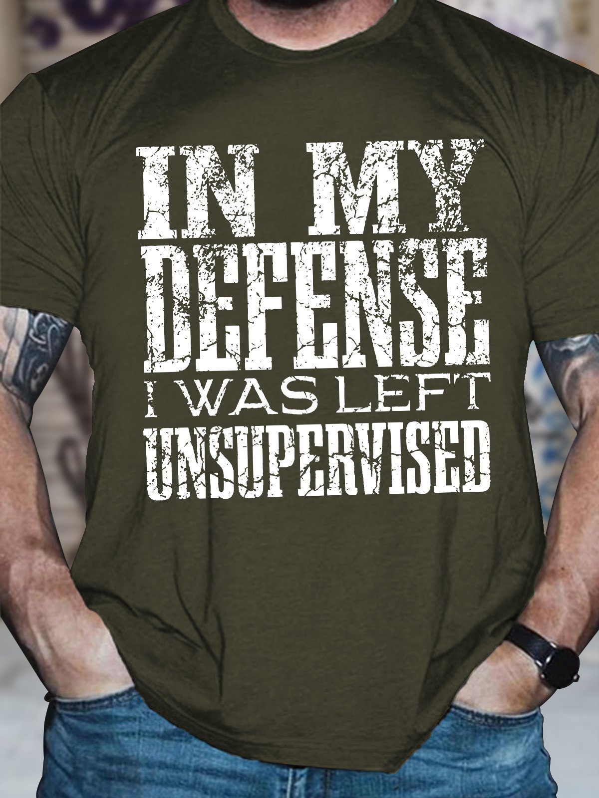 Men's Funny In My Defense I Was Left Unsupervised Graphic Printing Text Letters Cotton Casual Crew Neck T-Shirt