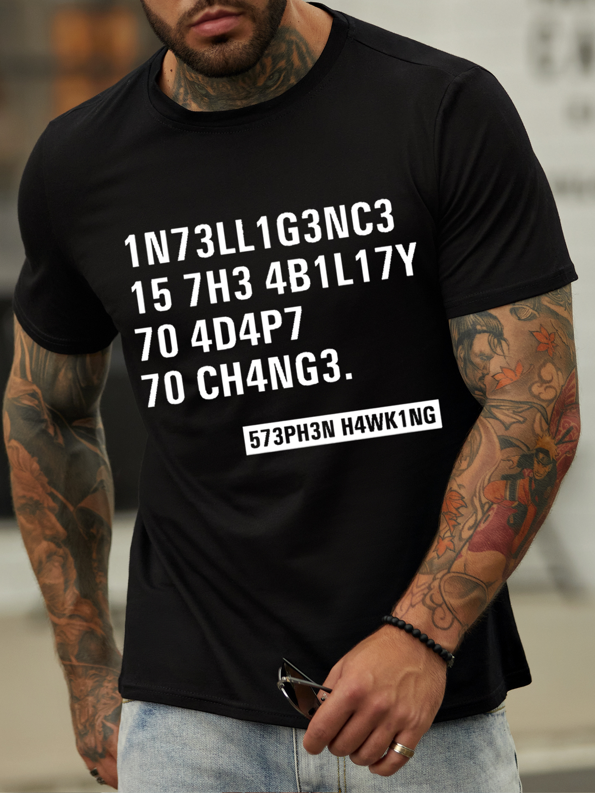 Men's Funny Intelligence Text Letters Casual Crew Neck T-Shirt