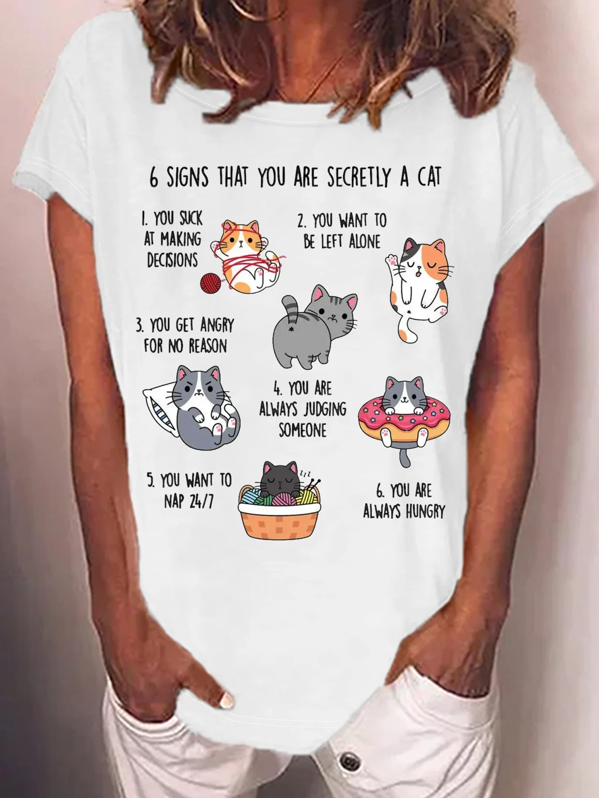 Women's Six Signs That You Are Secretly A Cat Text Letters T-Shirt