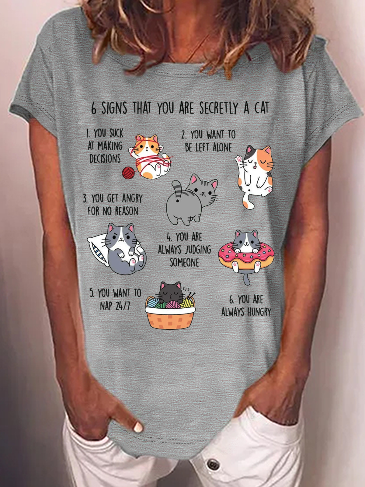 Women's Six Signs That You Are Secretly A Cat Text Letters T-Shirt