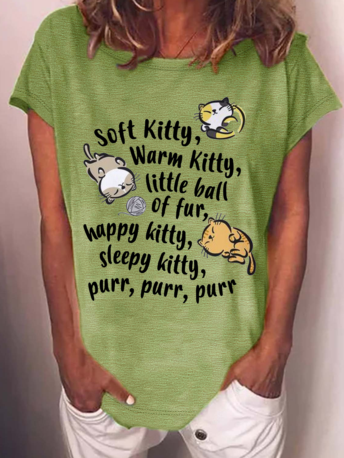 Women's Soft Kitty Warm Kitty Cat Cotton-Blend Crew Neck T-Shirt