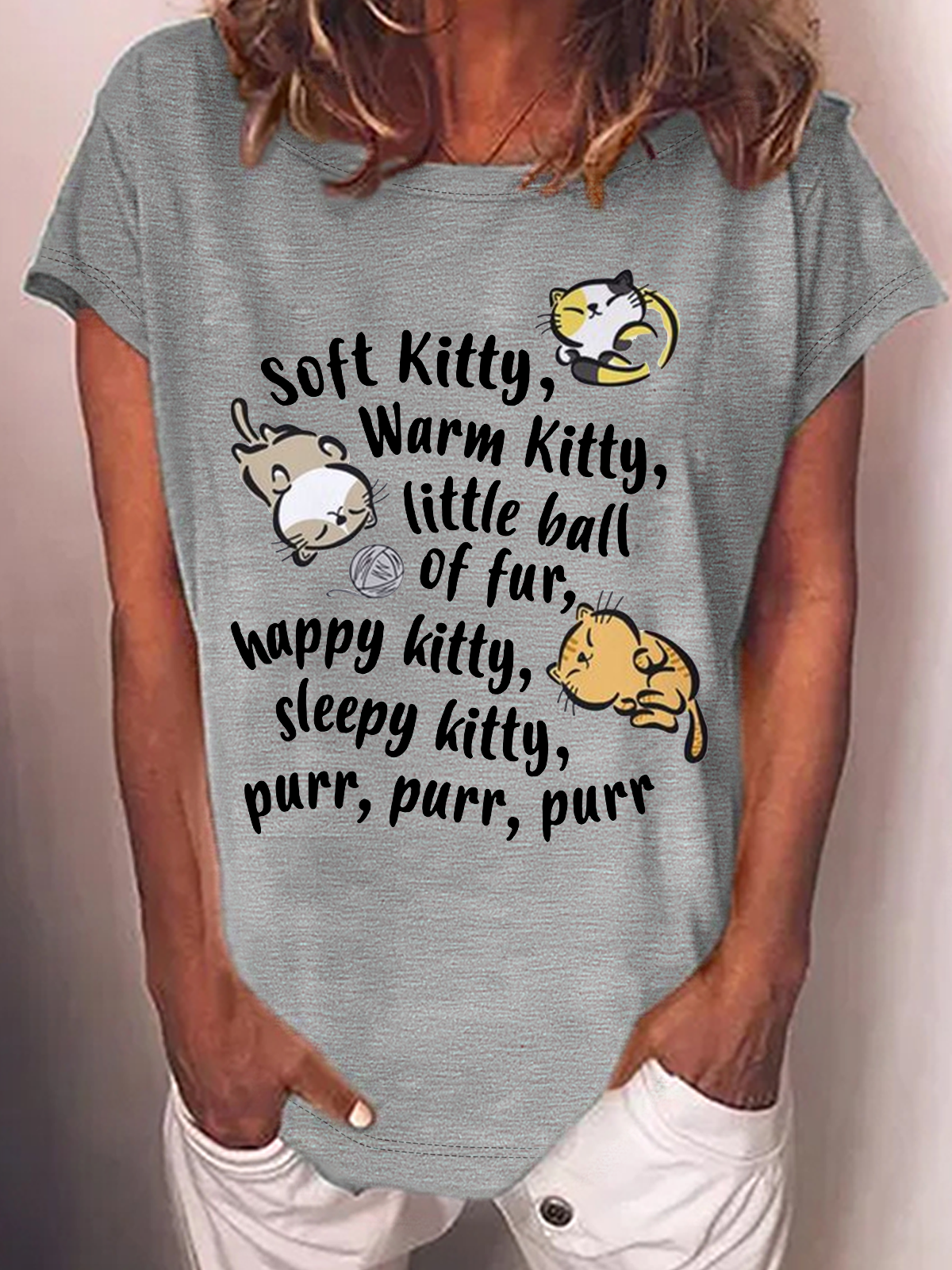 Women's Soft Kitty Warm Kitty Cat Cotton-Blend Crew Neck T-Shirt
