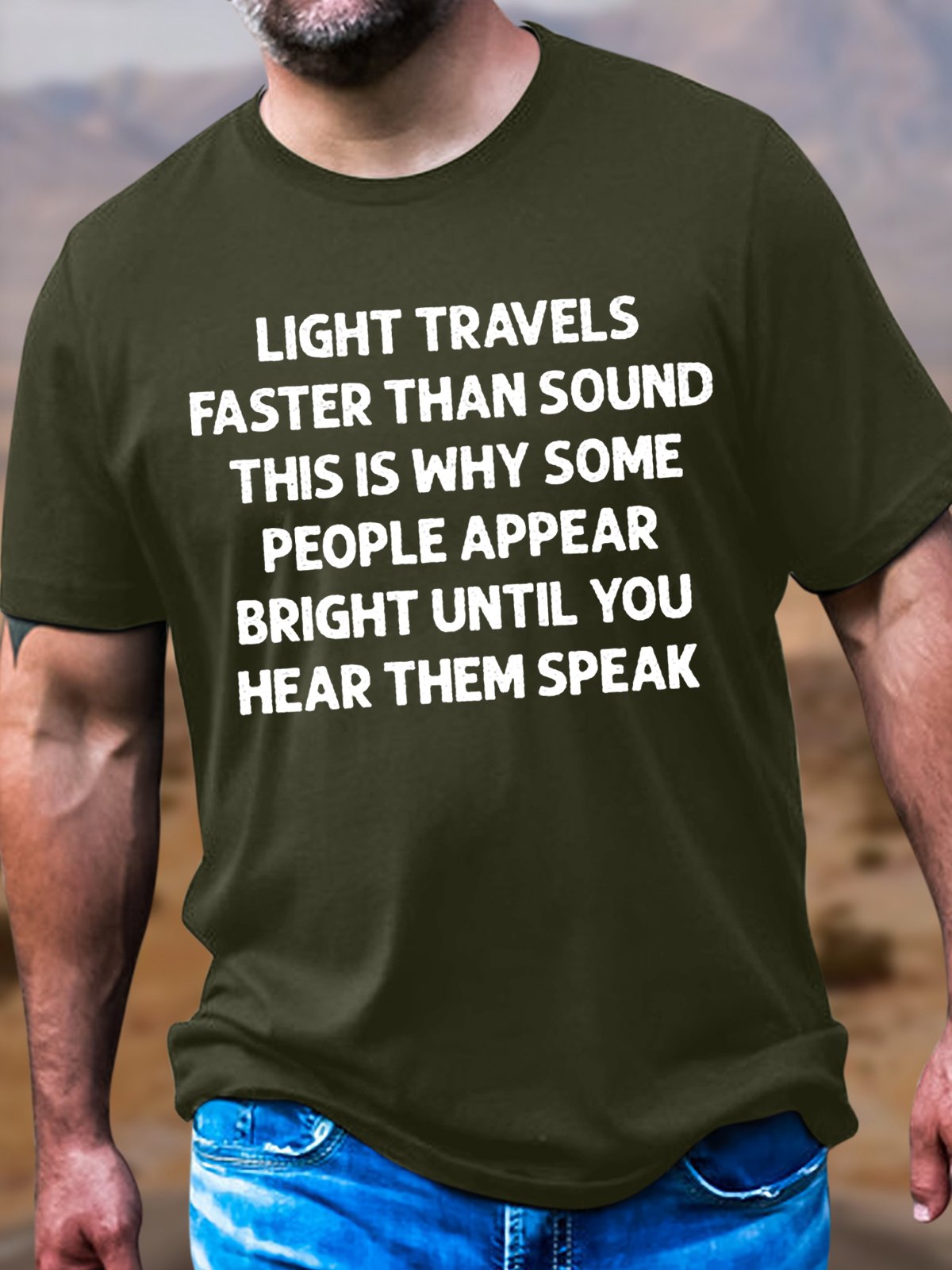 Men's Cotton Light Travels Faster Than Sound Crew Neck Casual T-Shirt